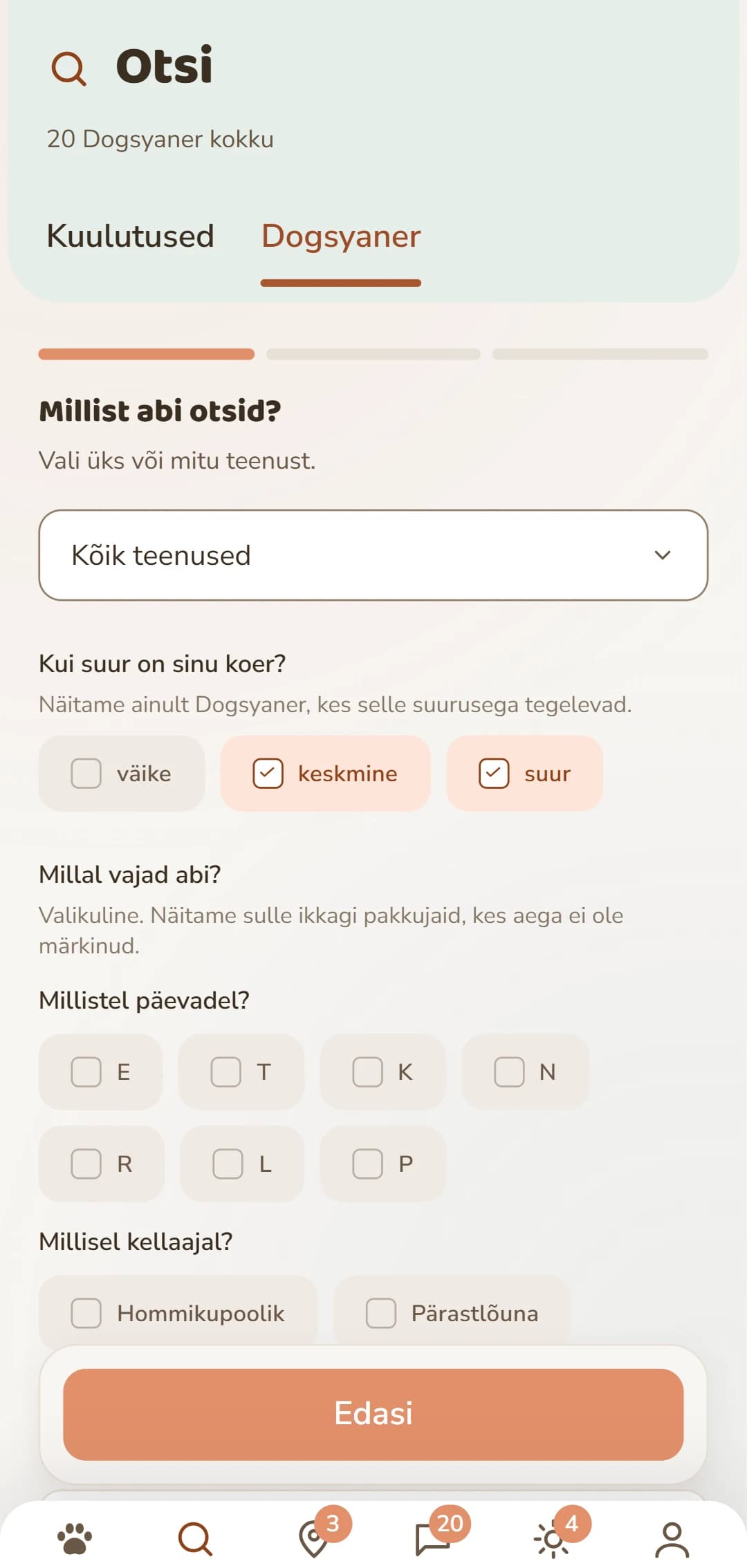 Täpne filtreerimine: teenus, koera suurus ja muud kriteeriumid