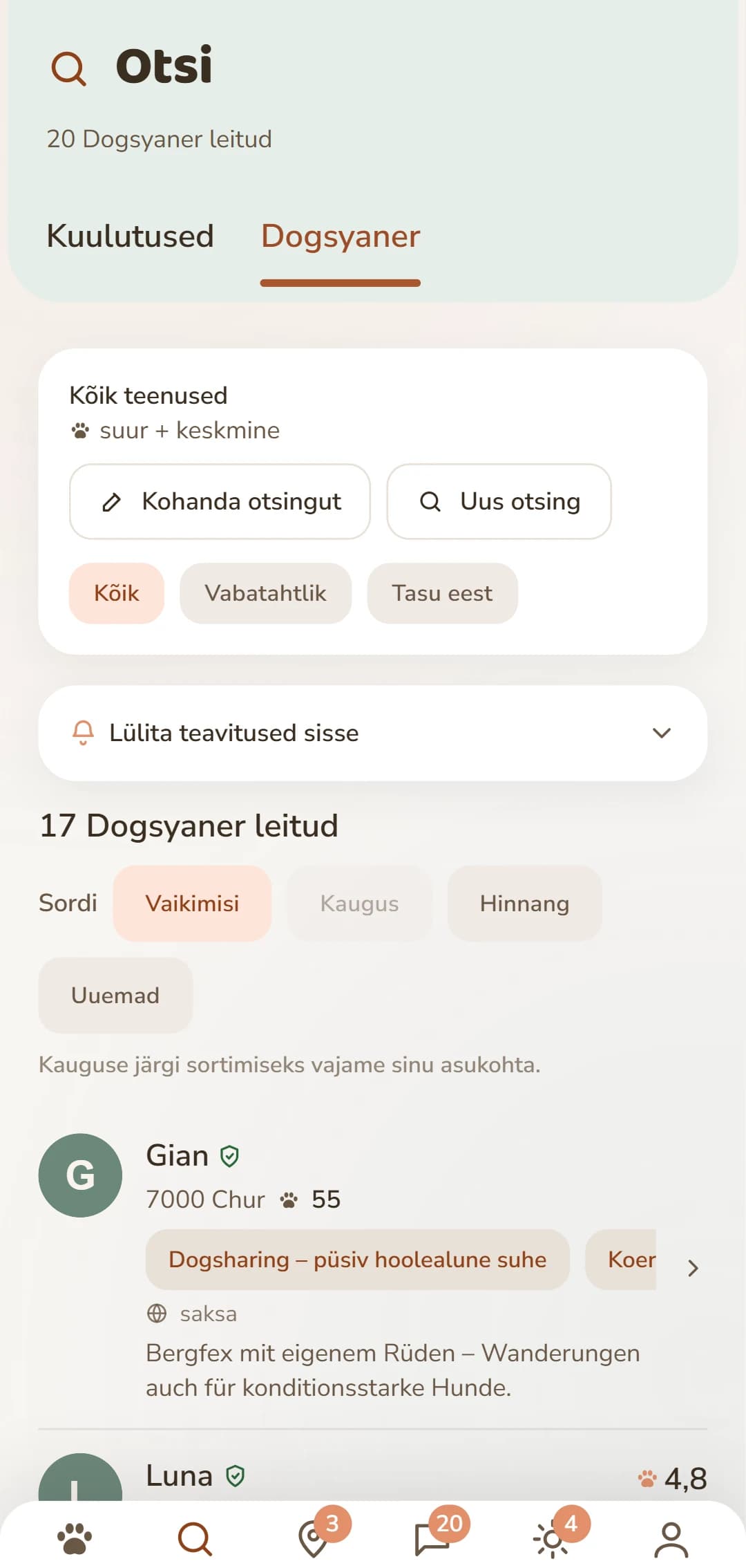 Rakenduse tulemuste loend: lähedal olevad Dogsyanerid koos foto, kauguse ja hinnanguga