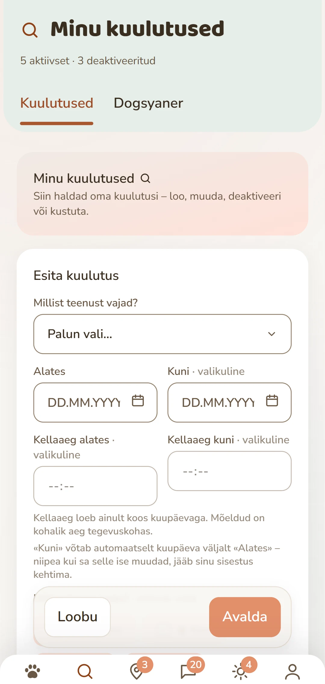 Vorm «Postita kuulutus»: teenus, ajavahemik, koer ja tasu