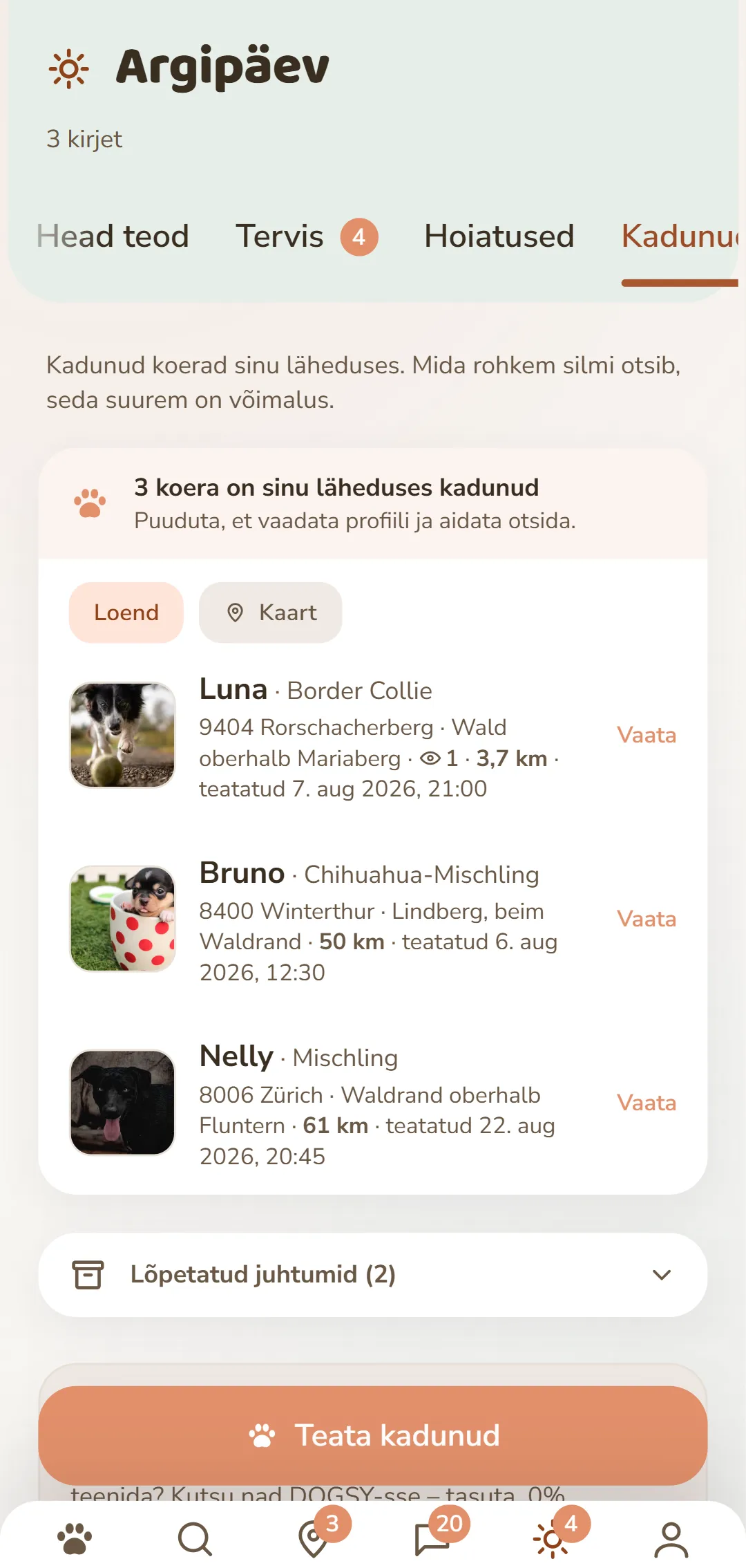 Kadunud koerad lähikonnas – foto, koha ja ajaga