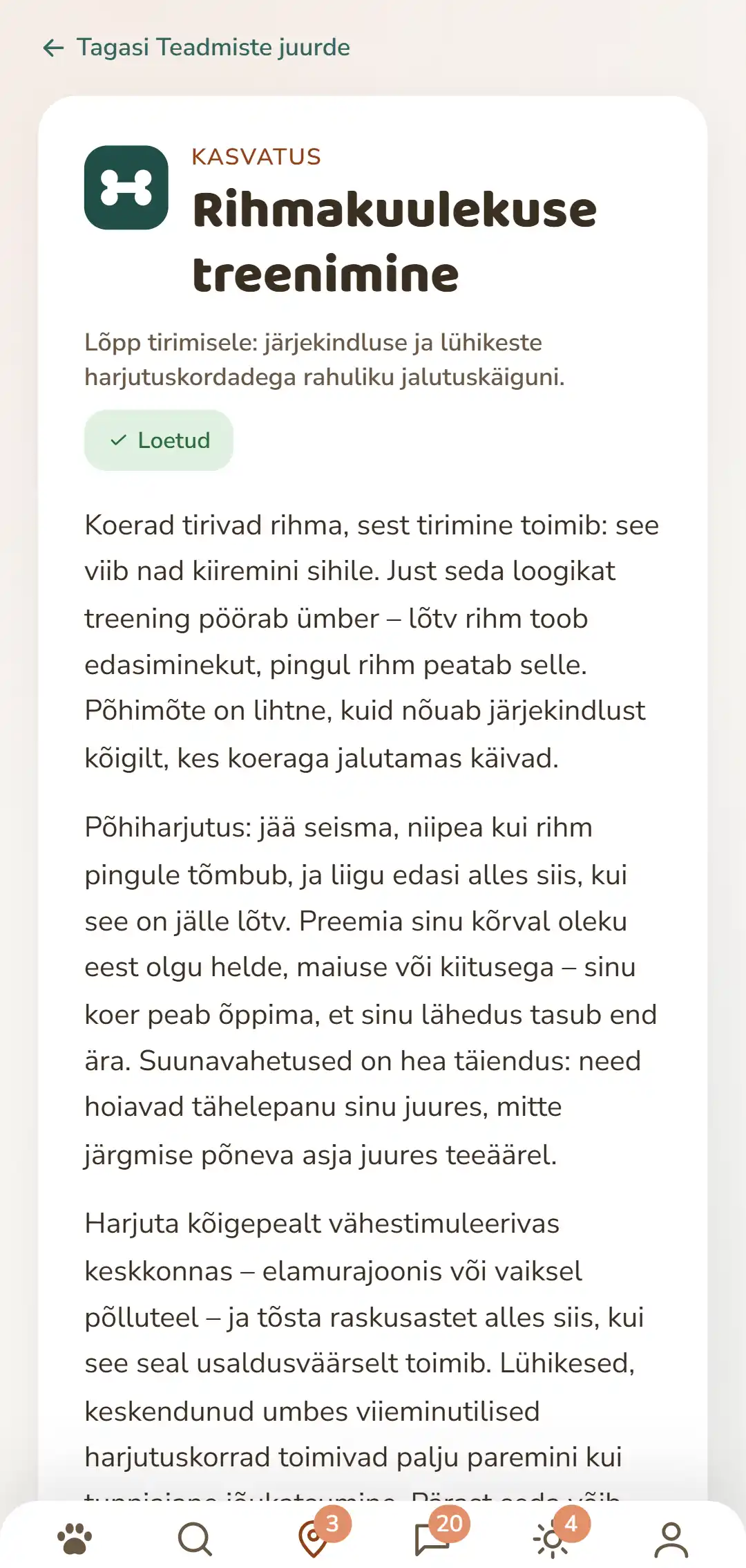 Ekraanipilt DOGSY rakendusest: avatud teadmiste artikkel. Kõige üleval tee tagasi loendisse, selle all neli vahekaarti Guide, Sündmused, Teadmised ja Loomade hädaabi. Järgnevad värviline rubriigisümbol, rubriik suurtähtedega, pealkiri, lühike sissejuhatus ja mitu lõiku põhiteksti. Kõige all on rakenduse navigeerimisriba. Ekraanipilt on selle lehe keeles.