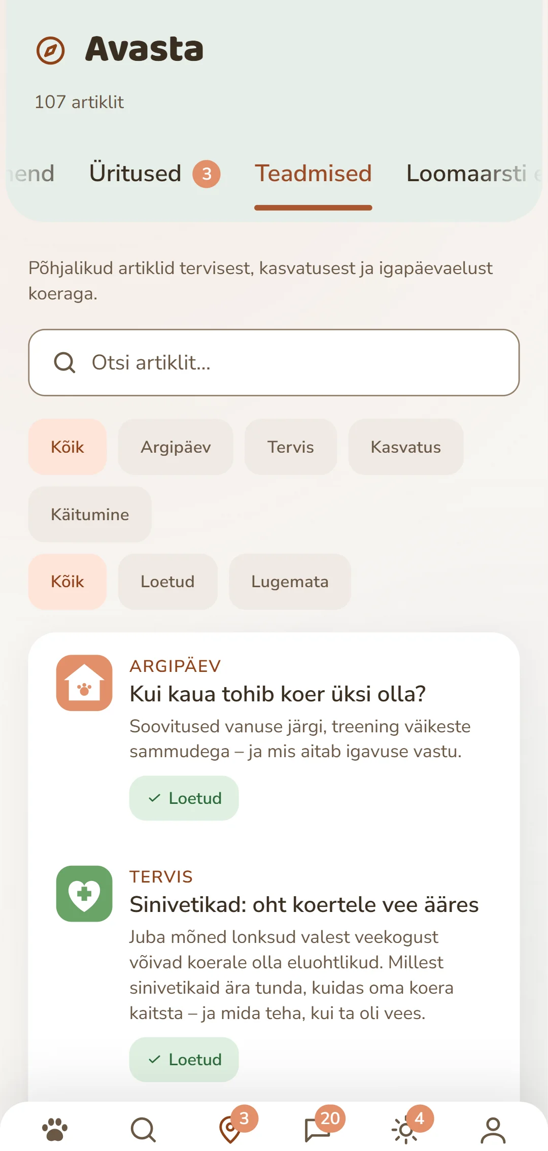 Ekraanipilt DOGSY rakendusest vahekaardil Avasta: kõige üleval artiklite arv, selle all neli vahekaarti Guide, Sündmused, Teadmised ja Loomade hädaabi. Järgnevad otsinguväli ja ümarad rubriigifiltrid – Kõik, Igapäevaelu, Tervis, Käitumine, Koolitus. Selle all artiklid kaartidena: vasakul värviline rubriigisümbol, selle kõrval rubriik suurtähtedega, pealkiri ja lühike sissejuhatus. Kõige all on rakenduse navigeerimisriba. Ekraanipilt on selle lehe keeles.