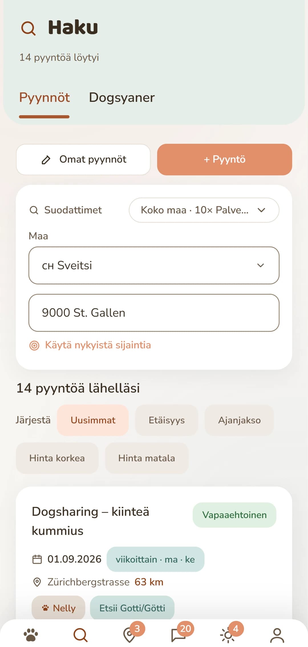 Dogsharing-pyynnöt suunnan, rytmin ja viikonpäivien mukaan
