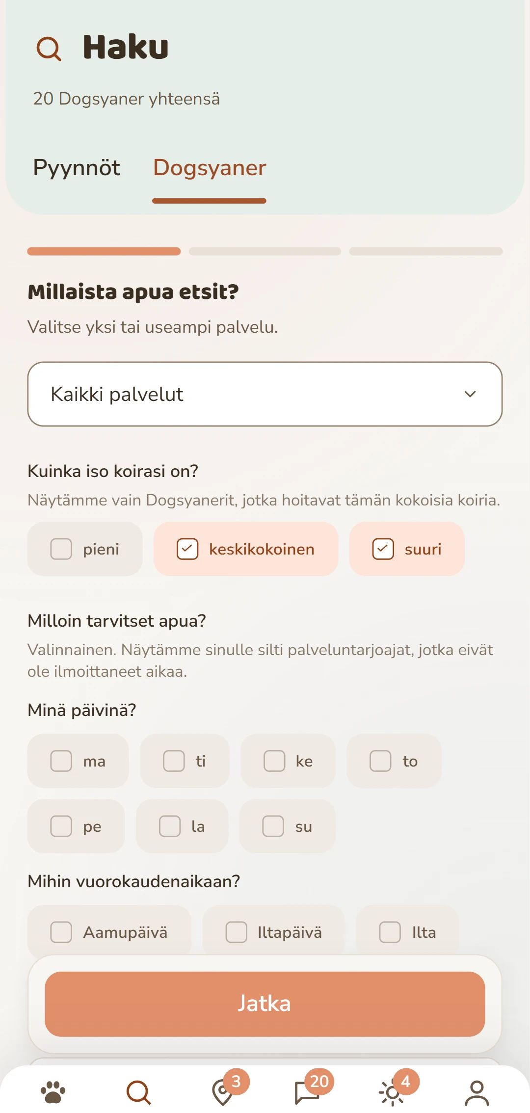 Tarkat suodattimet: palvelu, koiran koko ja muut kriteerit