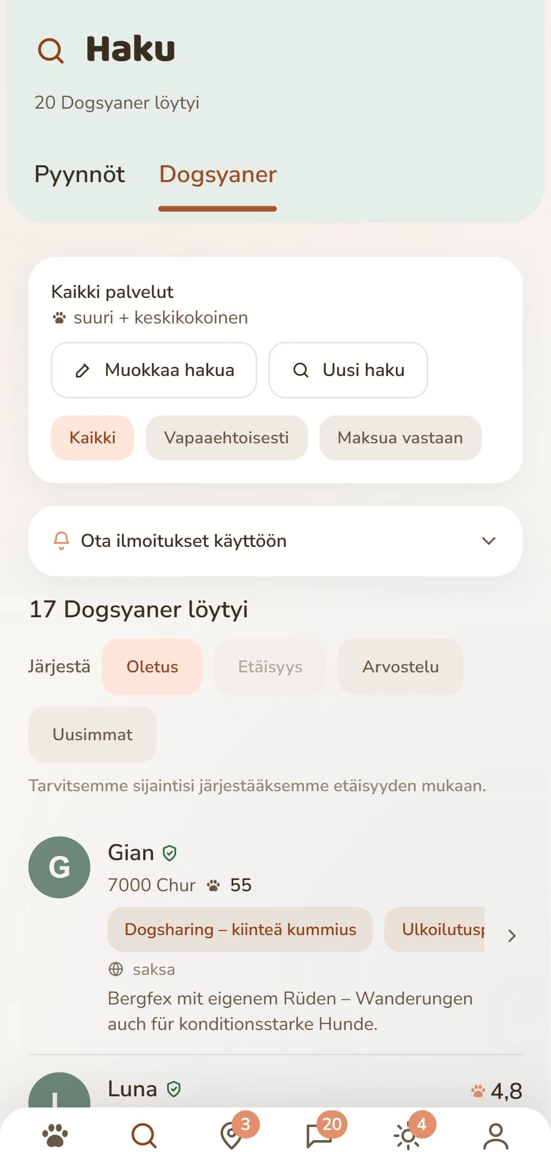 Sovelluksen tulosluettelo: lähellä olevat Dogsyanerit kuvalla, etäisyydellä ja arvioinnilla