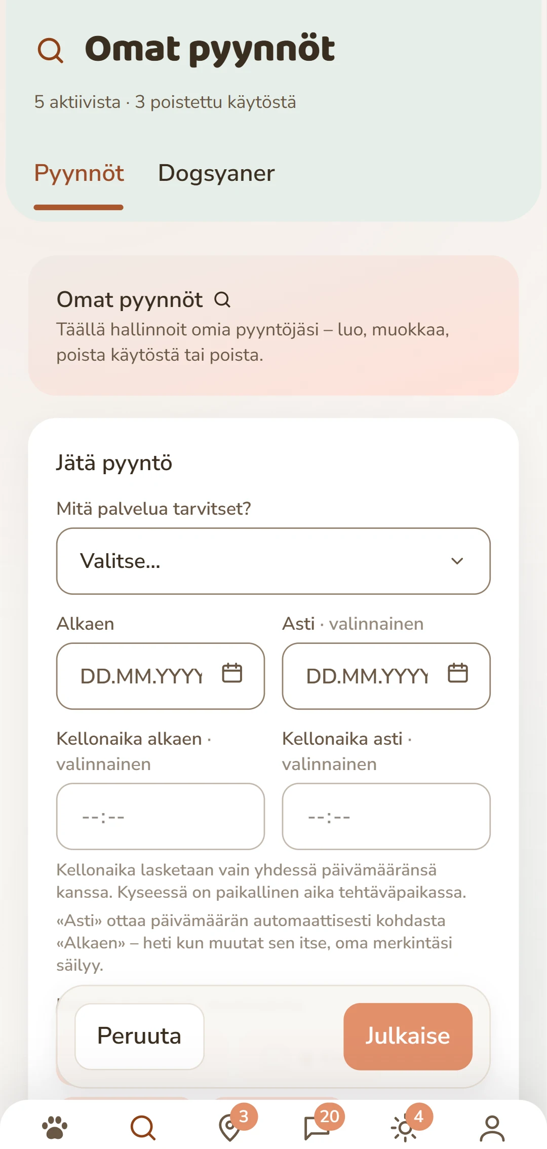 Lomake «Jätä pyyntö»: palvelu, ajanjakso, koira ja korvaus