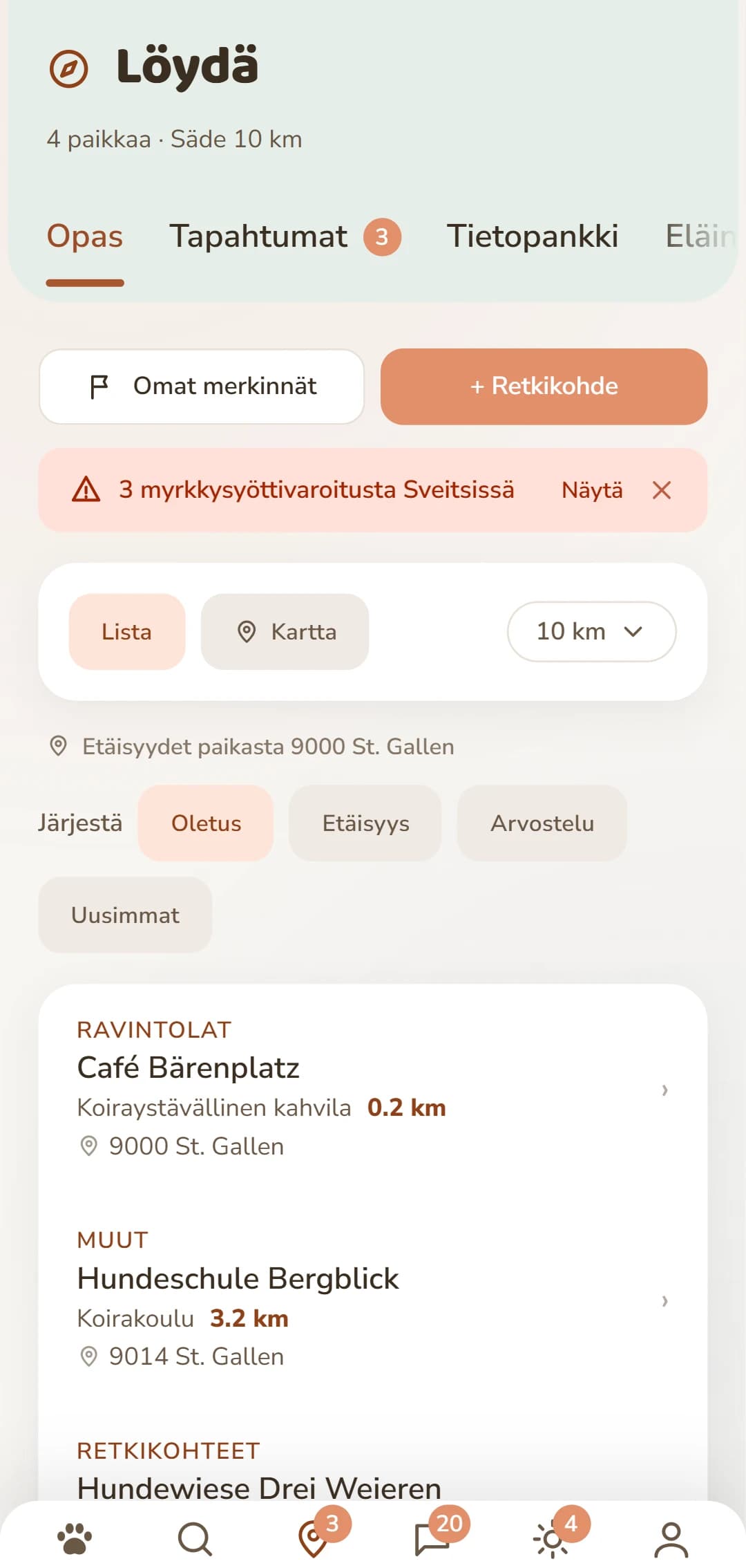 Tulosluettelo Löydä-välilehdellä, kategorian ja etäisyyden kanssa