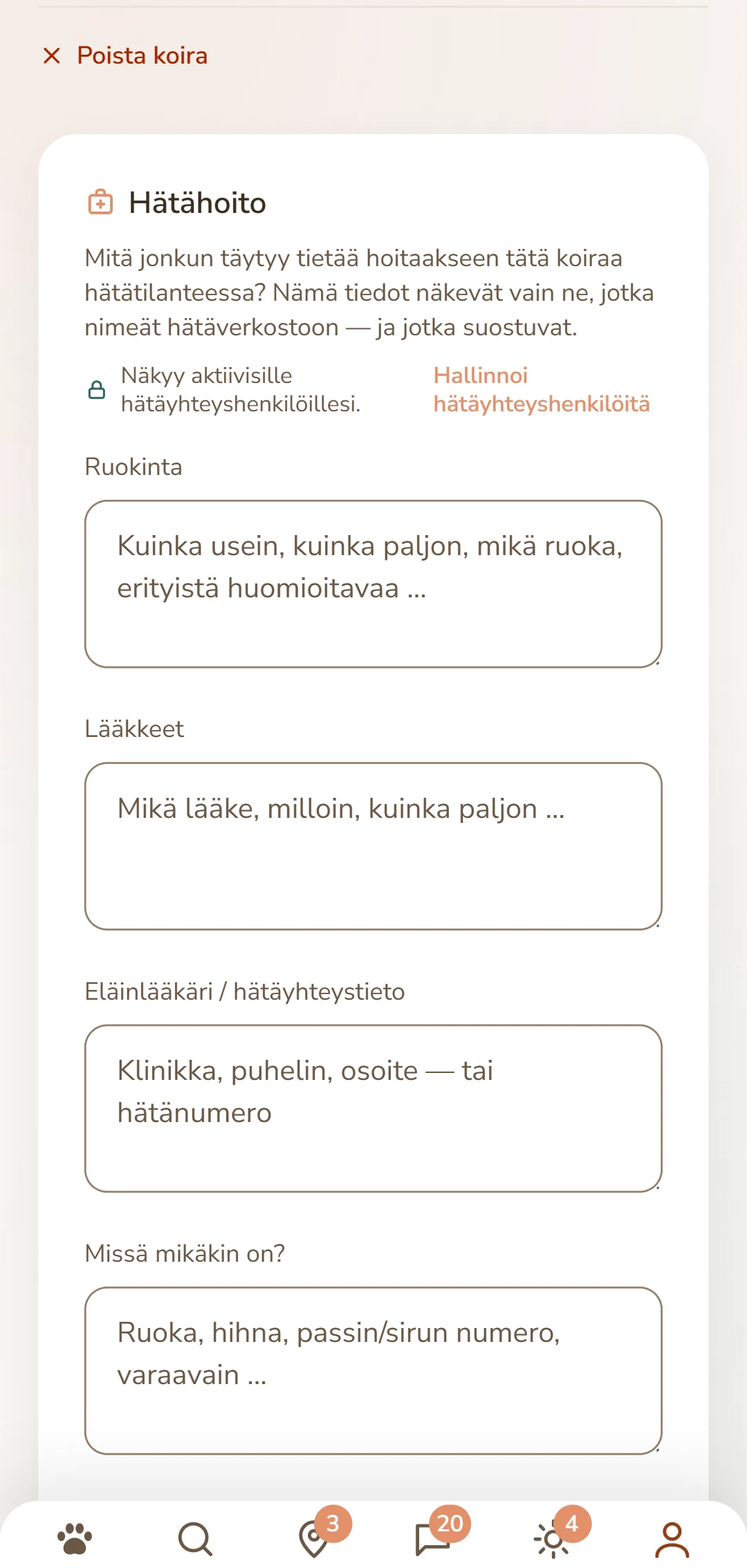 Koiran hoitolomake: ruokinta, lääkkeet, eläinlääkäri