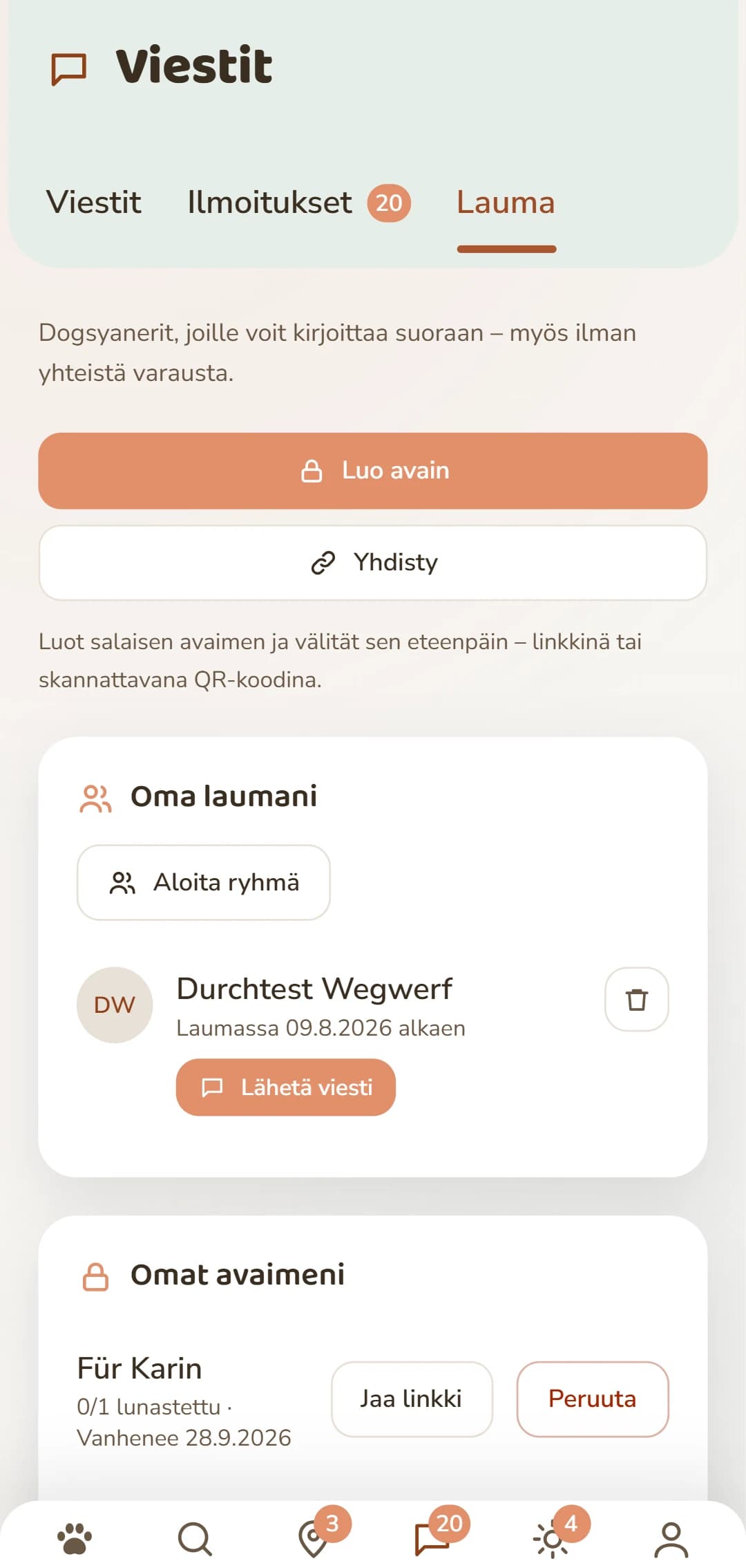 Rudel-välilehti: luo avain ja hallitse yhteyksiäsi.
