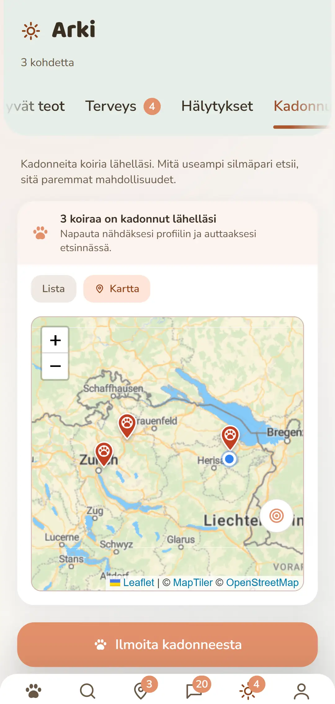Avoimet tapaukset lähialueella – karttana sovelluksessa