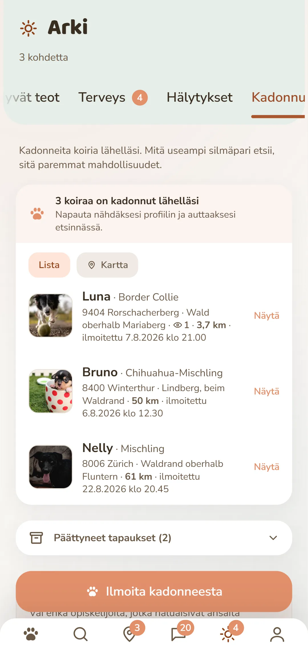 Kadonneet koirat lähialueella – kuvan, paikan ja ajankohdan kanssa