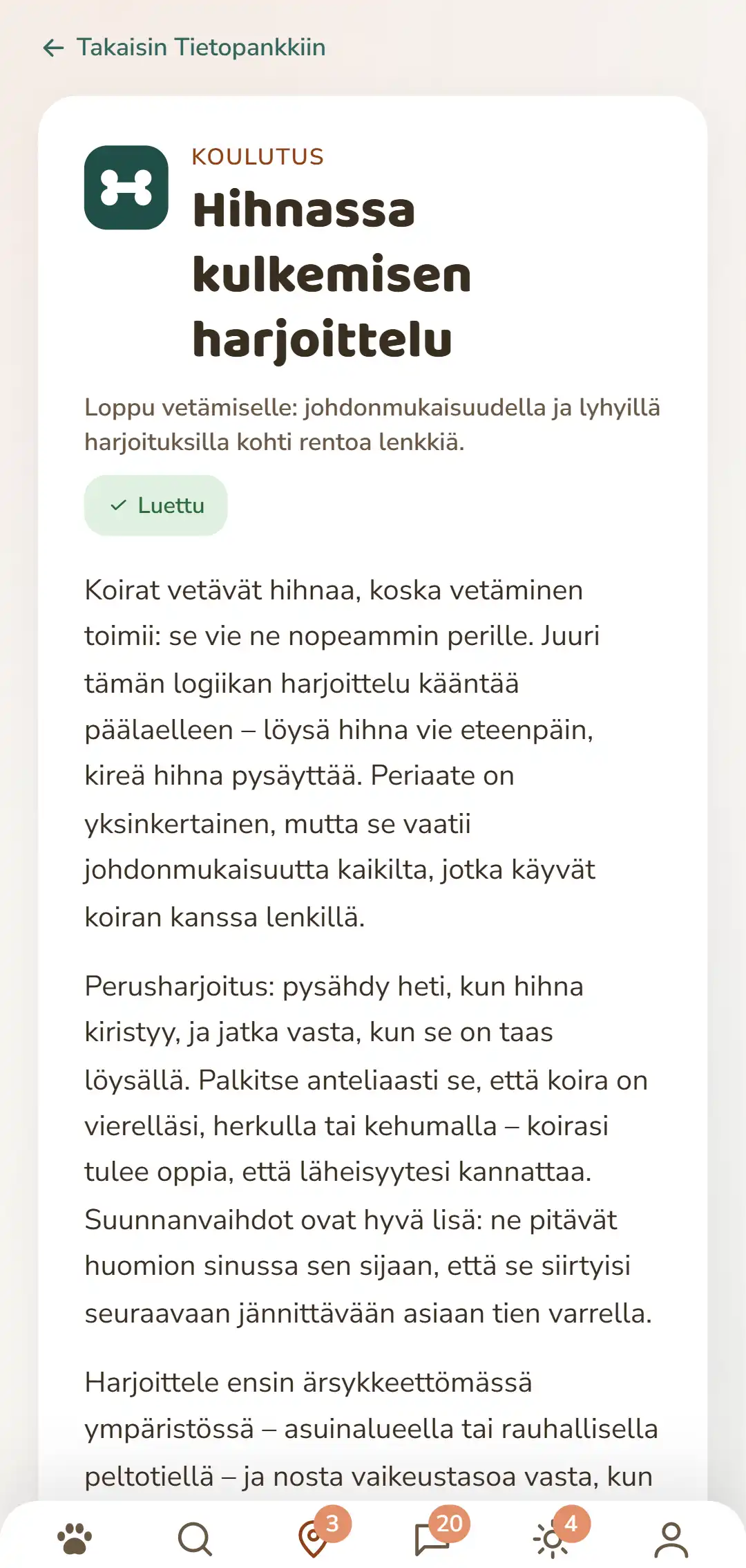 Kuvakaappaus DOGSY-sovelluksesta: avattu tietoartikkeli. Ylimpänä paluu listaan, sen alla neljä välilehteä: Guide, Events, Tieto ja Eläimen hätätilanne. Sitten seuraavat värillinen aihesymboli, aihe suuraakkosin, otsikko, lyhyt ingressi ja useita kappaleita leipätekstiä. Aivan alimpana sovelluksen navigointipalkki. Kuva näkyy tämän sivun kielellä.