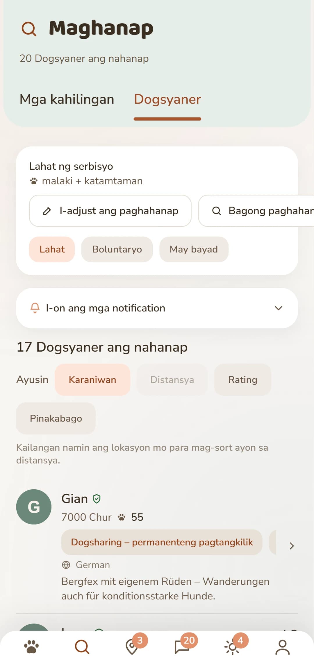 Listahan ng resulta sa app: mga Dogsyaner na malapit sa iyo kasama ang larawan, distansya at rating
