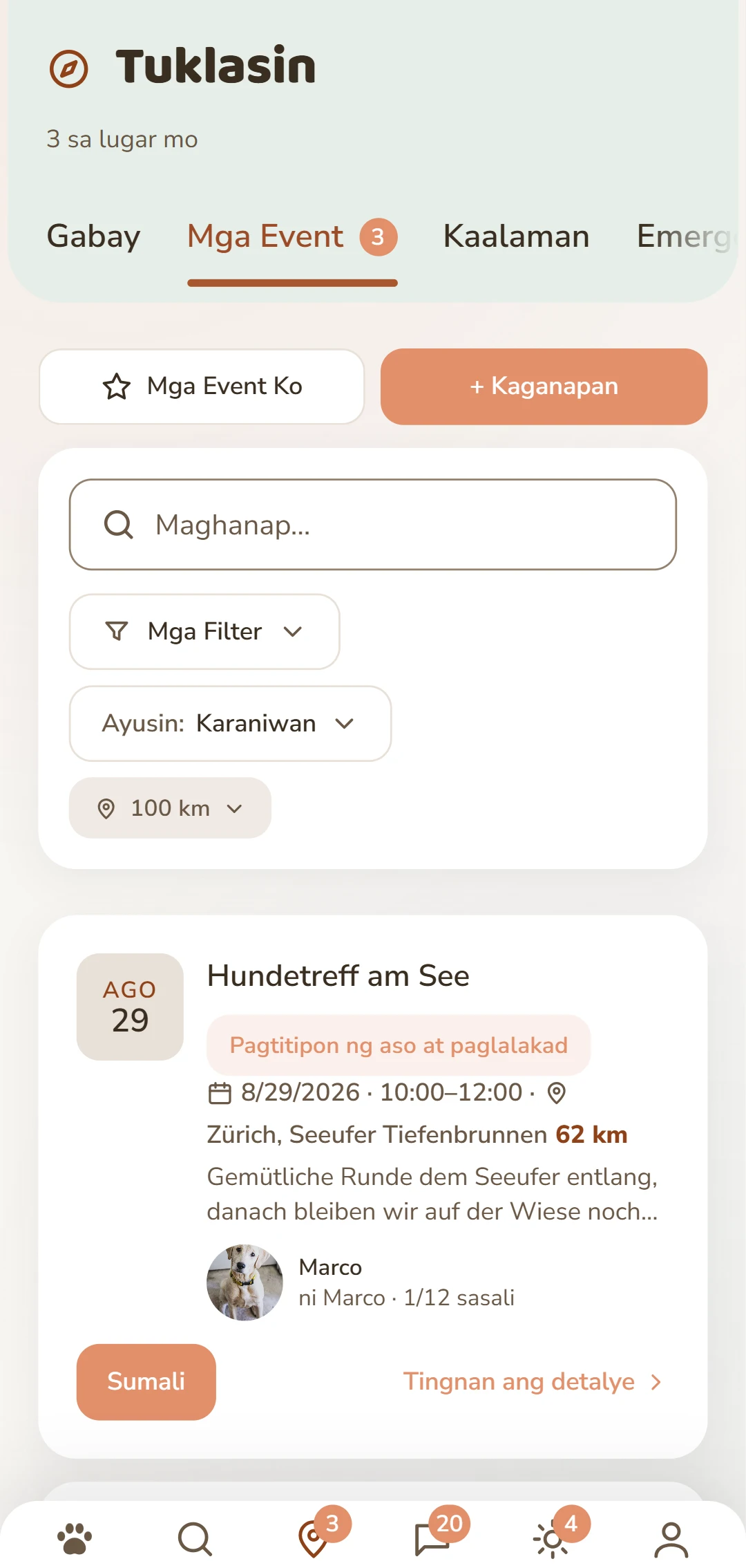 Mga paparating na event ng aso na may petsa, lugar at distansya