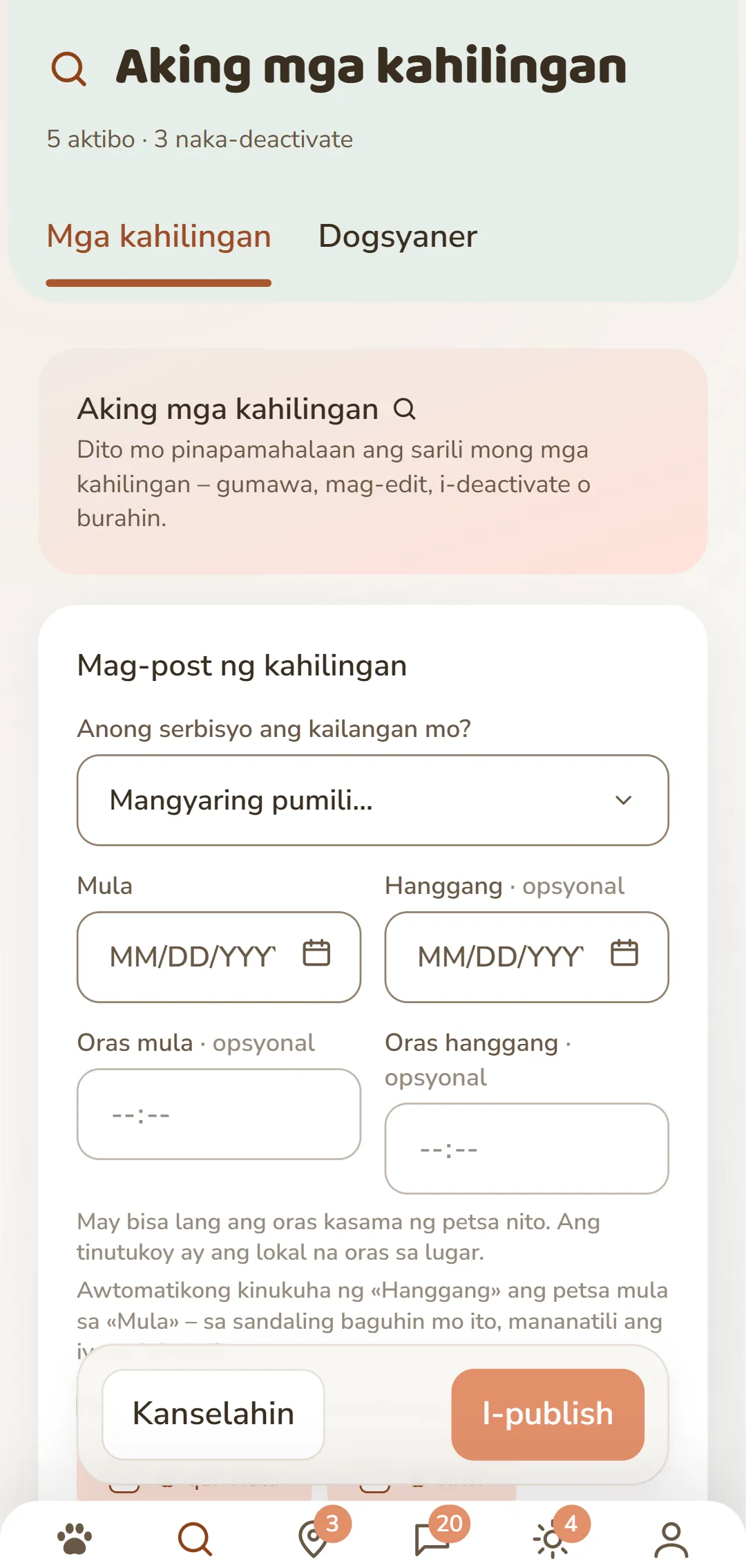 Ang form na «Mag-post ng listing»: serbisyo, panahon, aso, at bayad