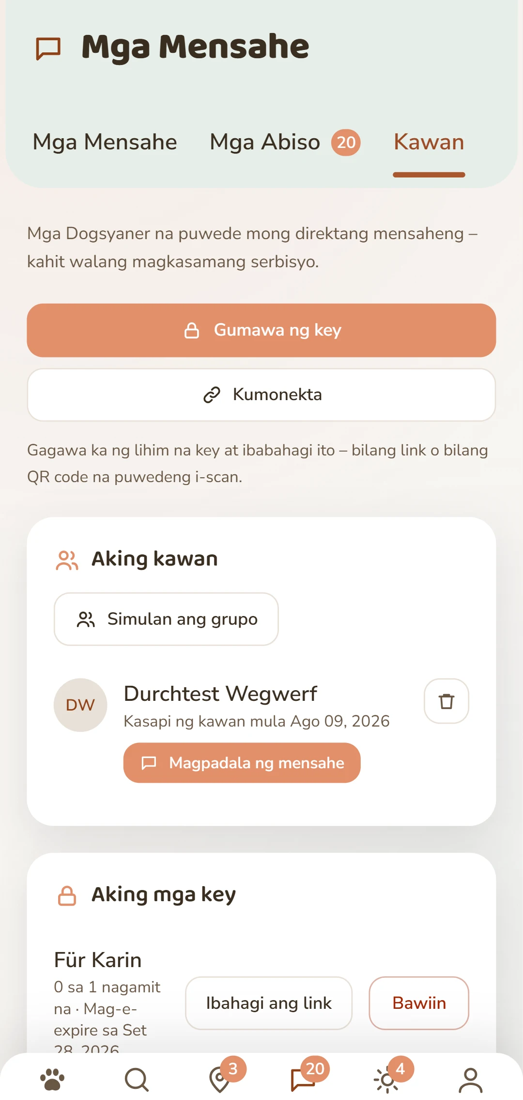 Ang tab na Rudel: gumawa ng key at pamahalaan ang iyong mga koneksyon.