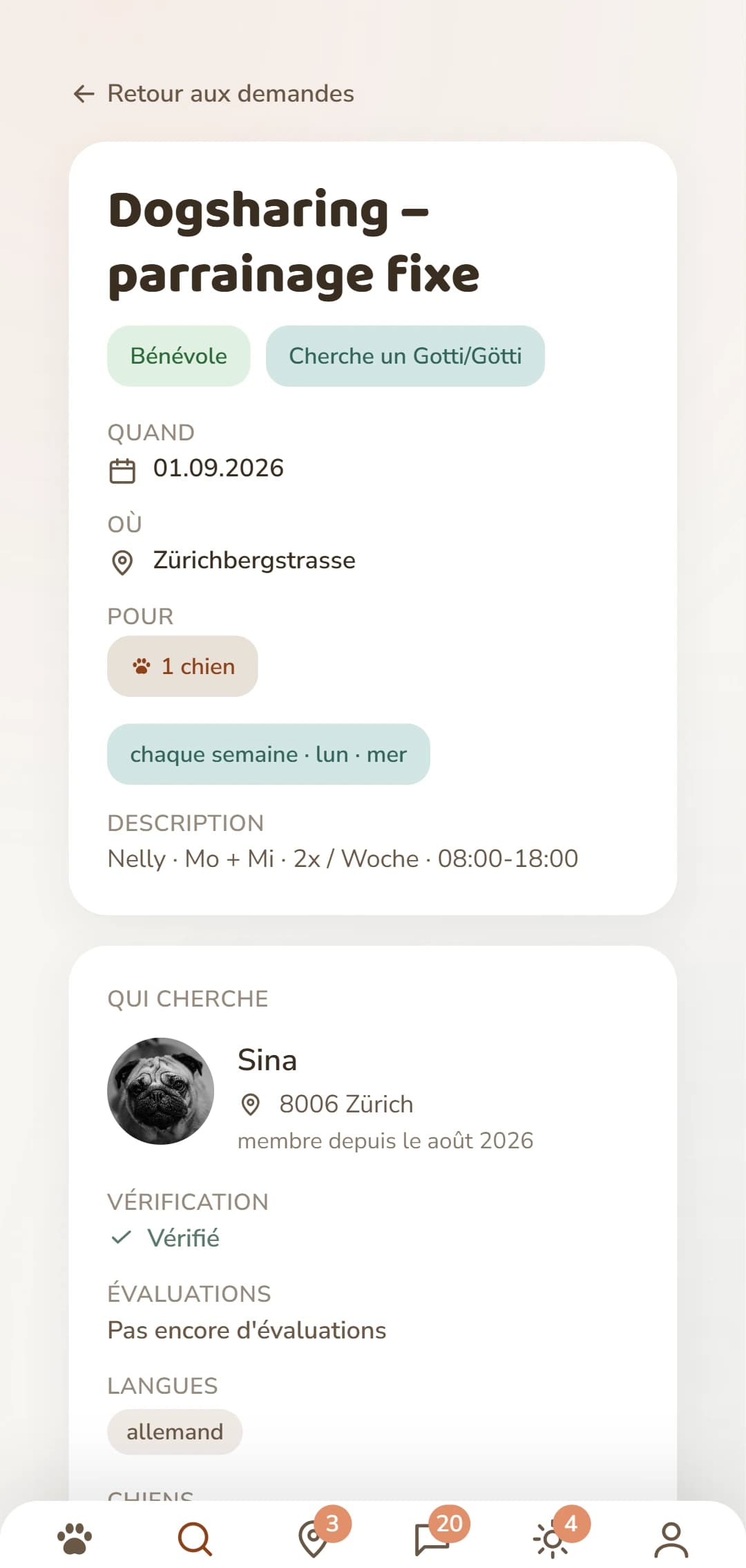 Une annonce Dogsharing en détail : période, lieu et qui la publie