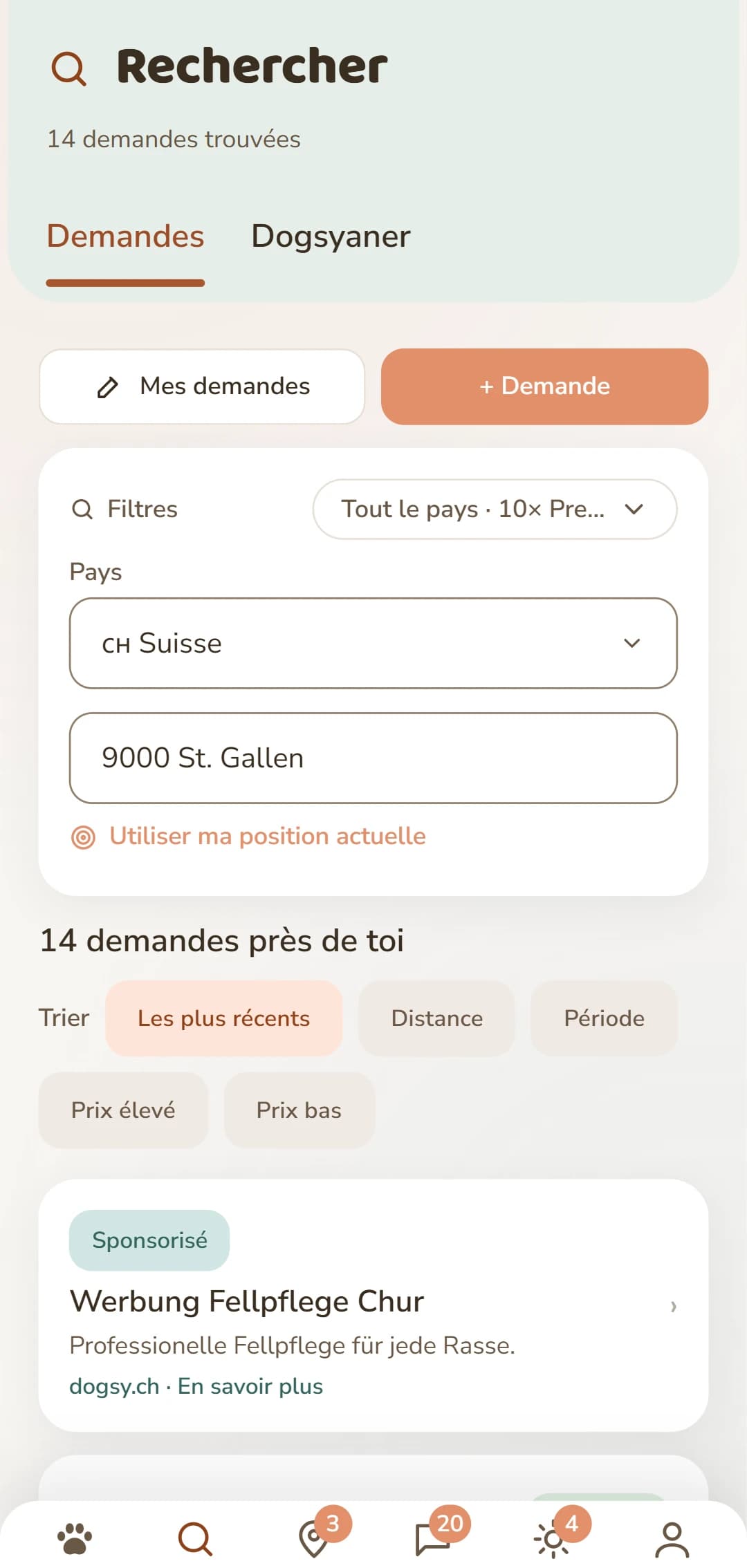 Des annonces Dogsharing avec le sens, le rythme et les jours de la semaine
