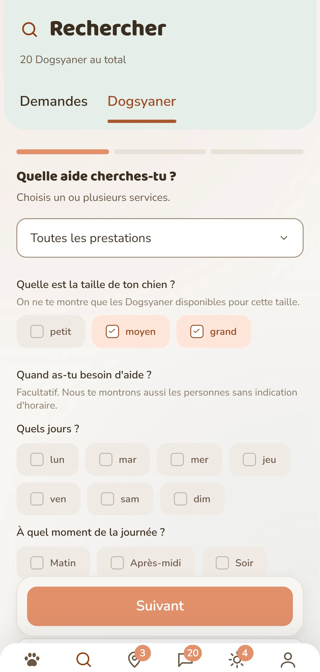 Filtres fins : prestation, taille du chien et autres critères
