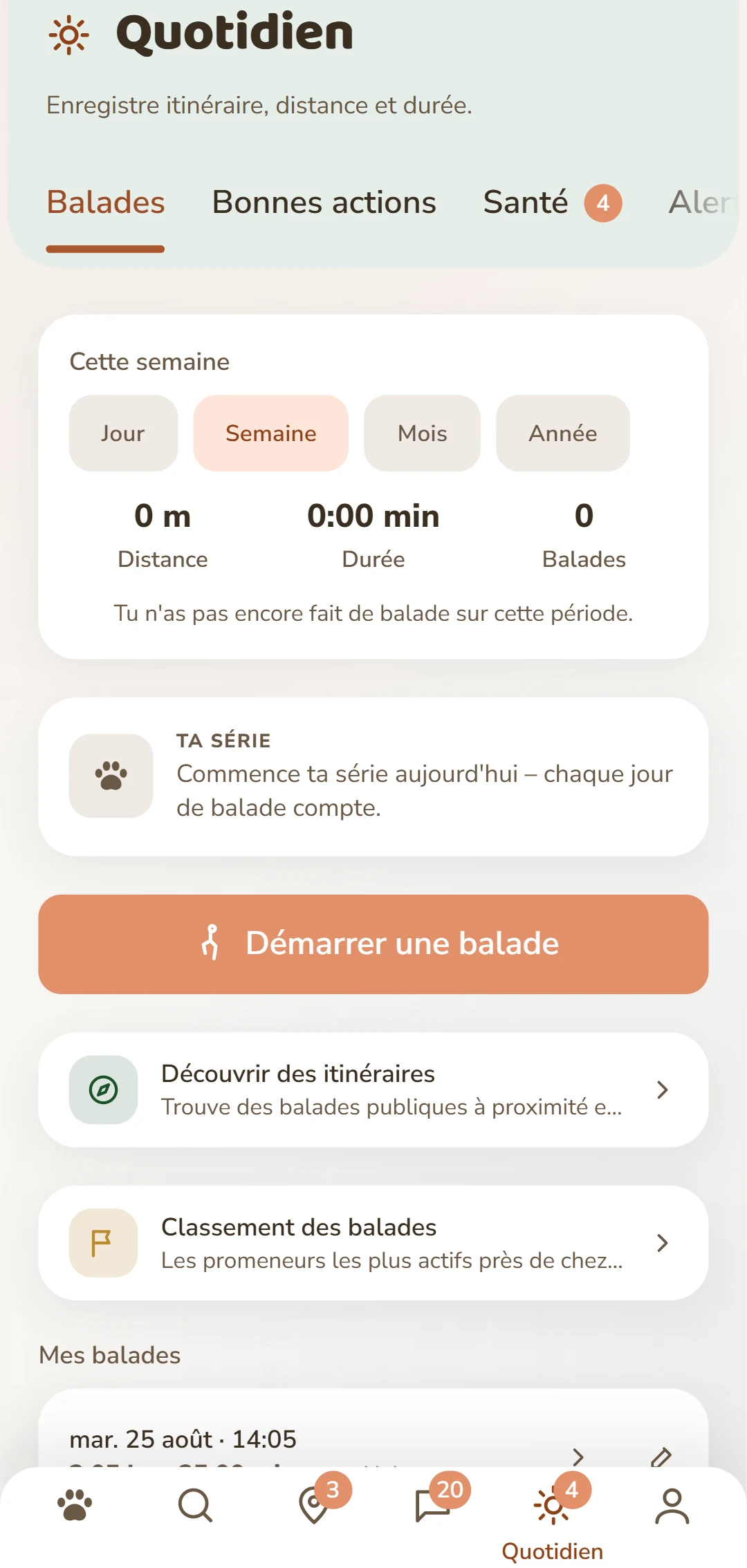 La vue d'ensemble : bilans, « Démarrer une balade » et tes balades précédentes