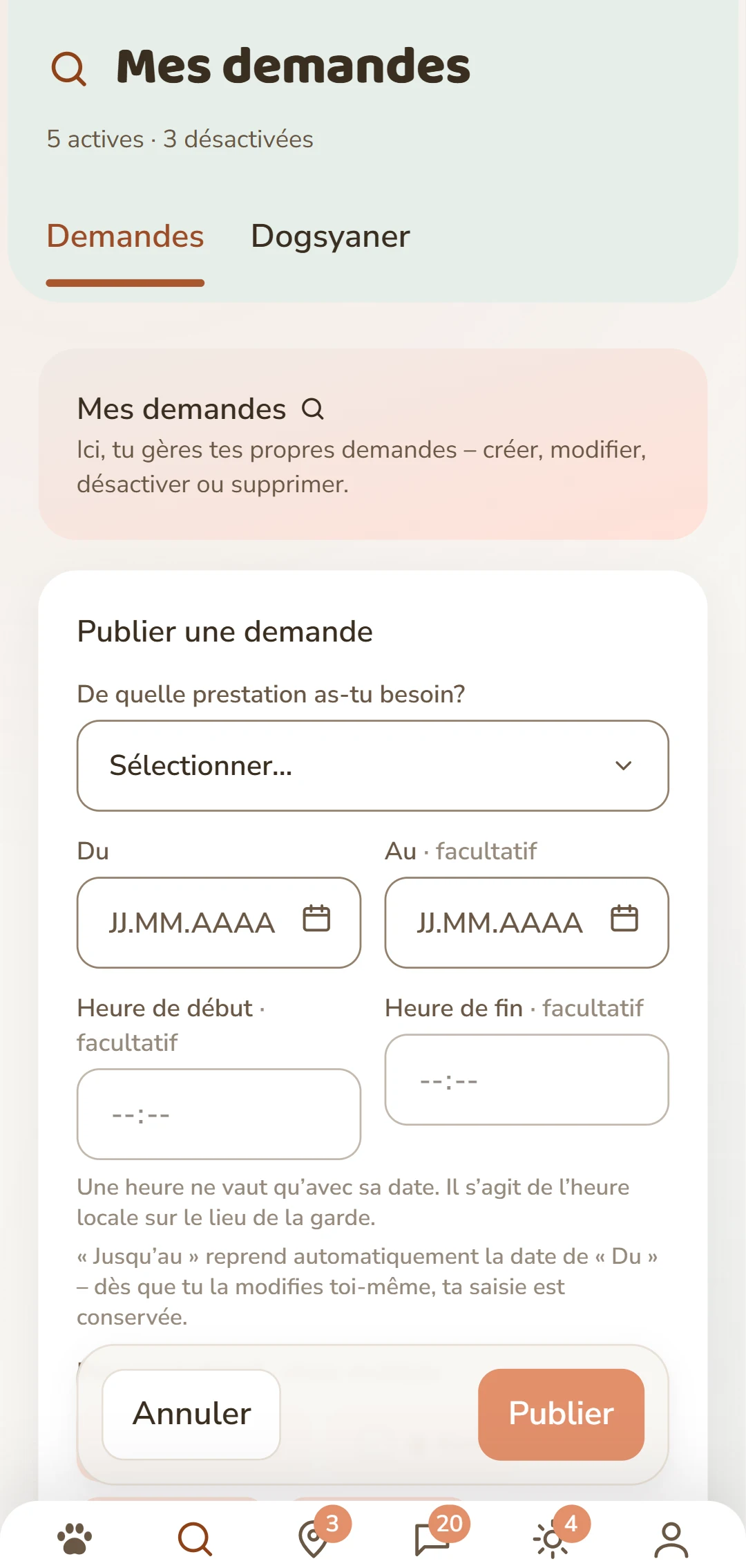 Le formulaire « Publier une demande » : prestation, période, chien et rémunération