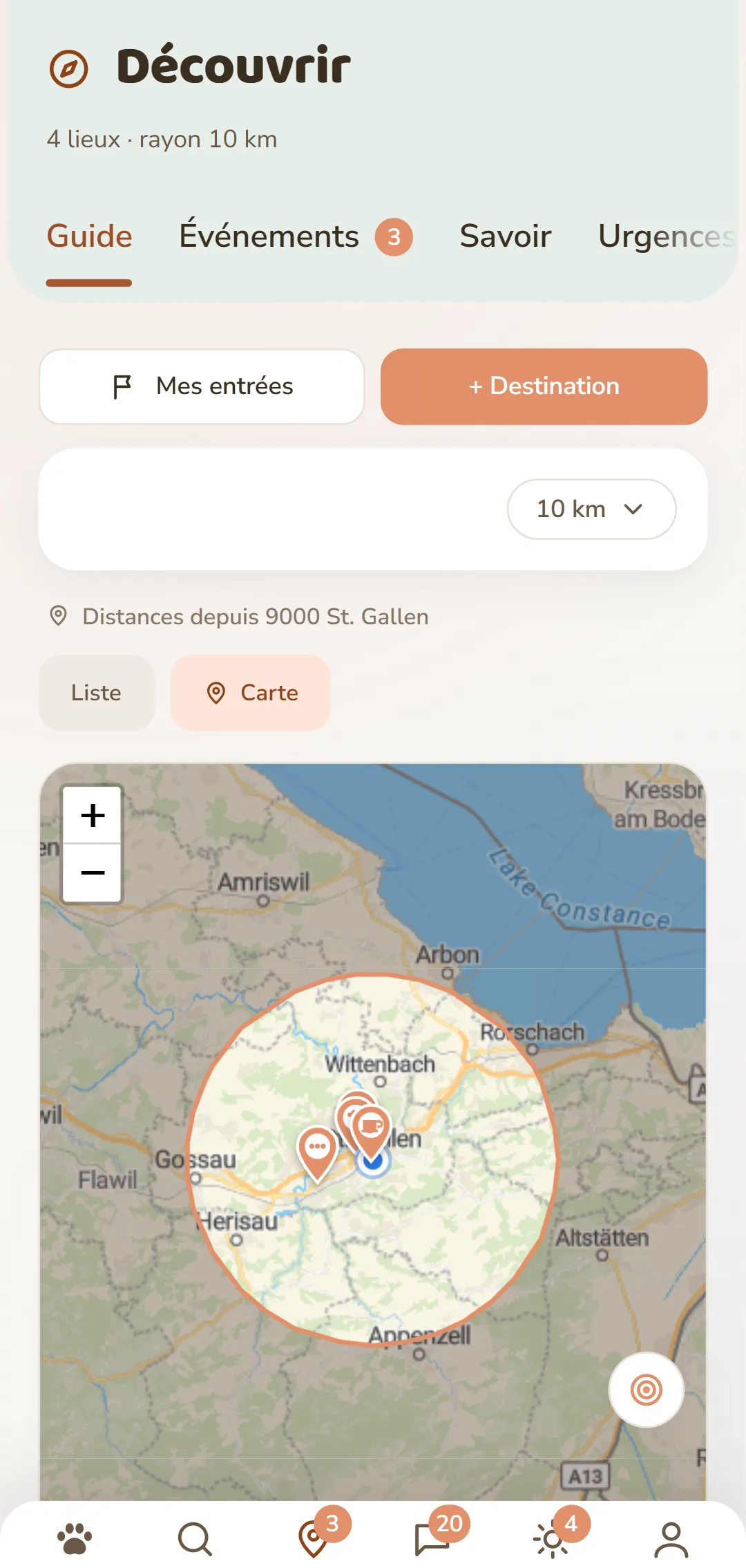 Carte de l'app avec des repères sur les lieux accueillants pour chiens des environs