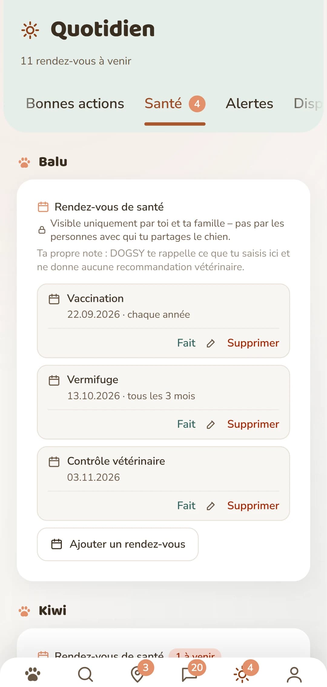 Rendez-vous de santé par chien : vaccination, vermifuge, protection anti-tiques et plus