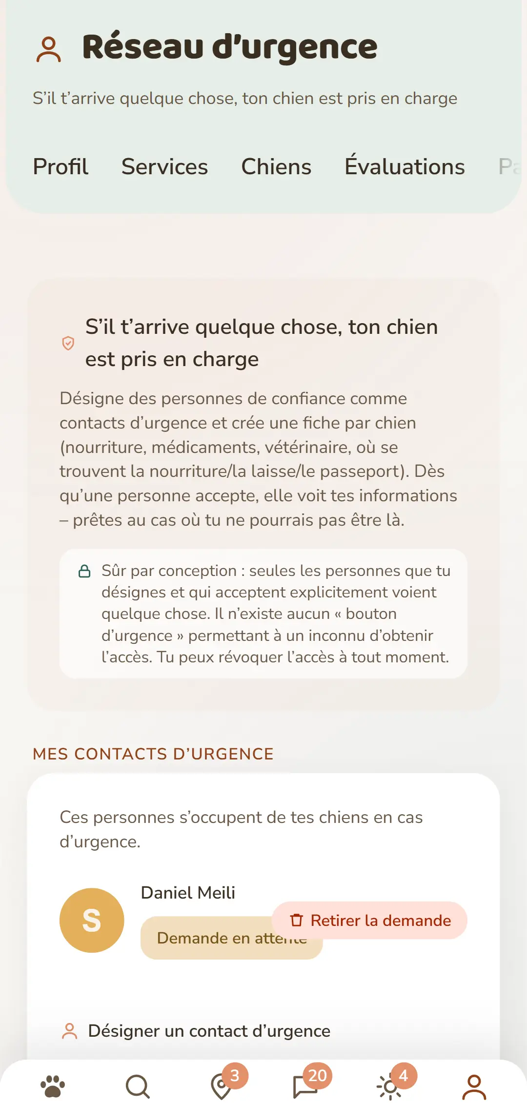 Tes contacts d'urgence et les demandes en attente en un coup d'œil