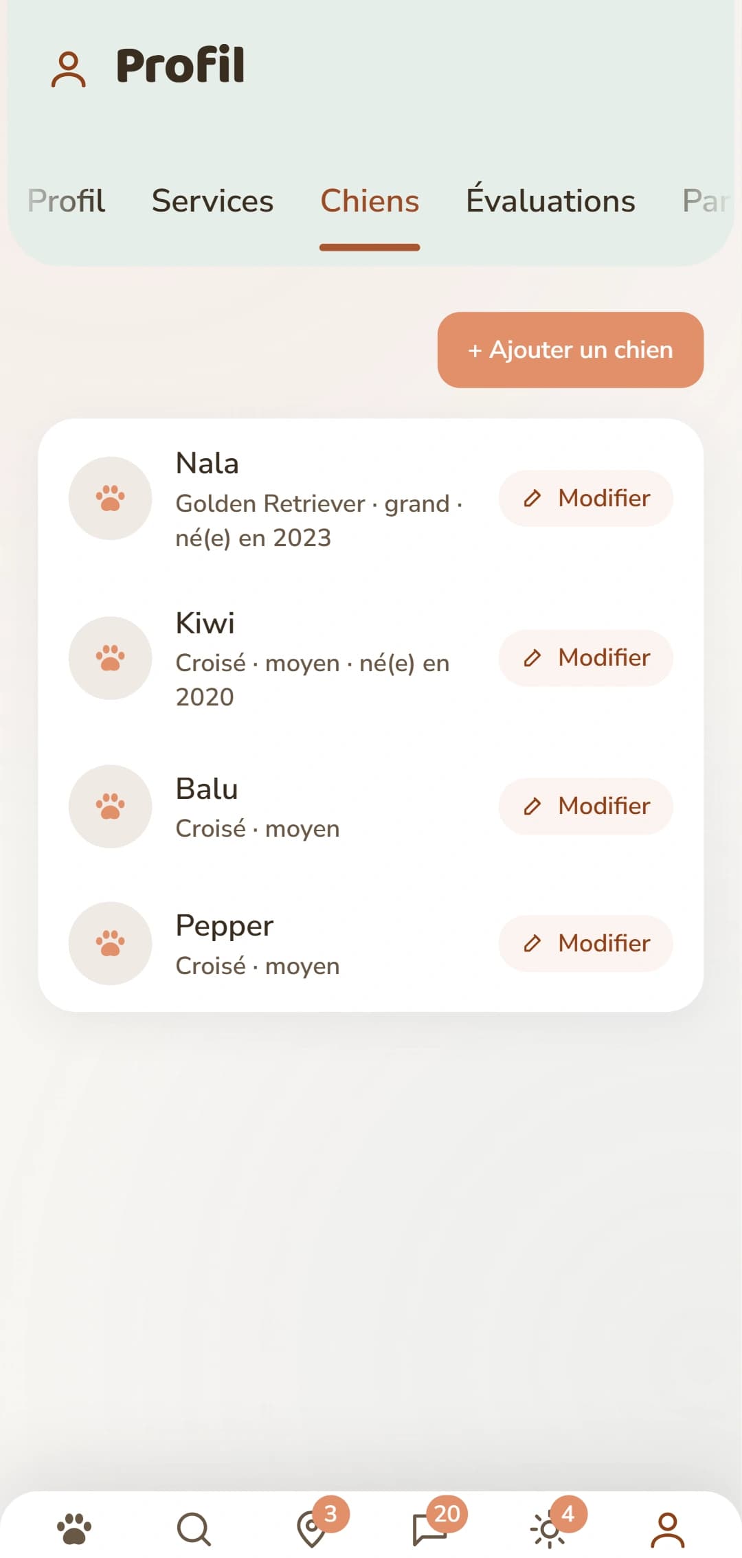 La partie chiens, avec un profil distinct pour chaque chien