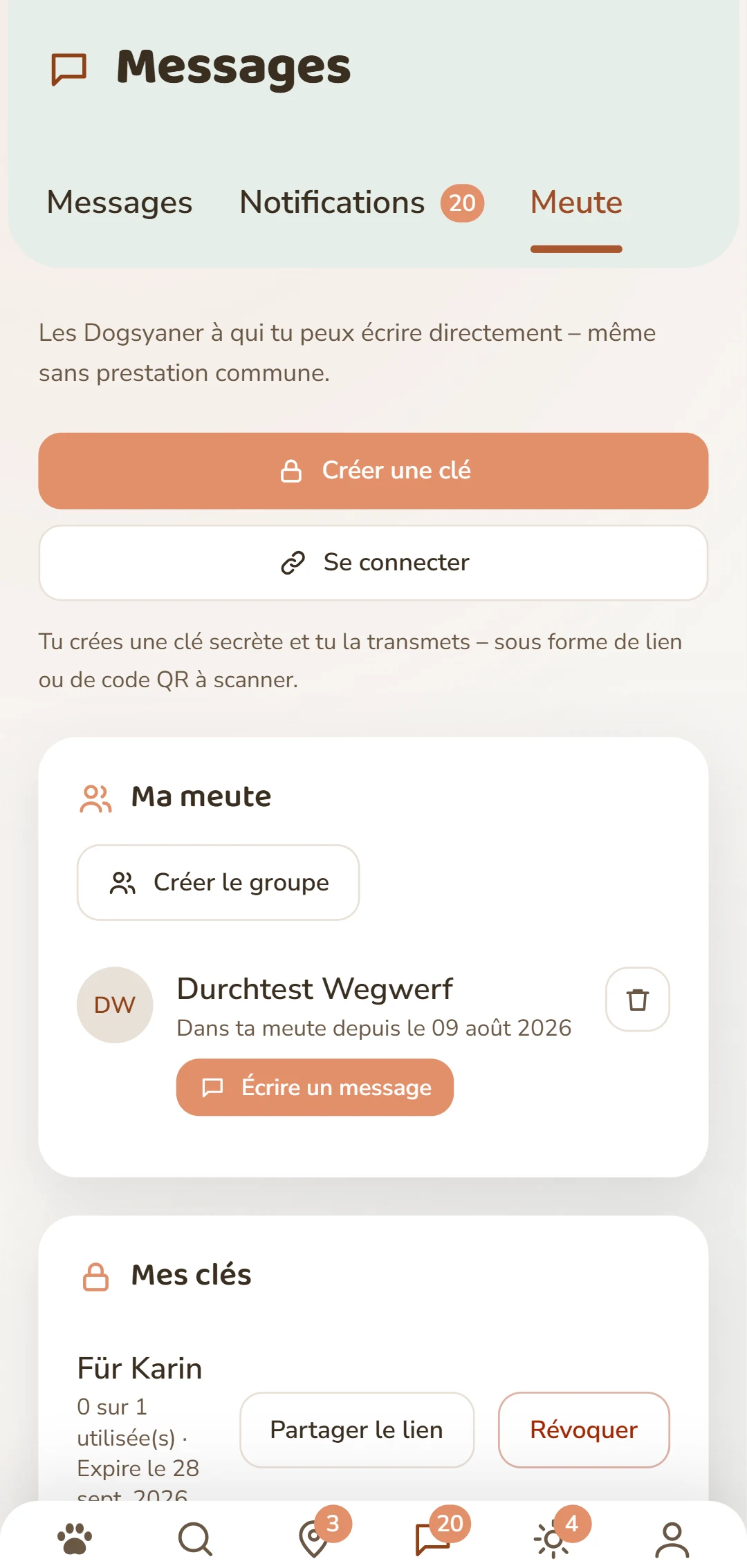 L'onglet Rudel : créer une clé et gérer tes liens.