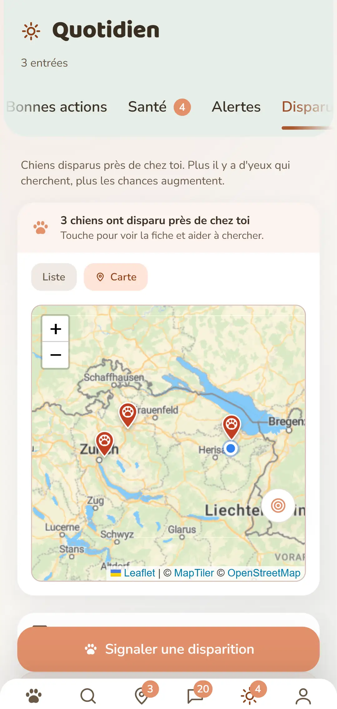 Les cas ouverts des environs – sur la carte dans l'appli