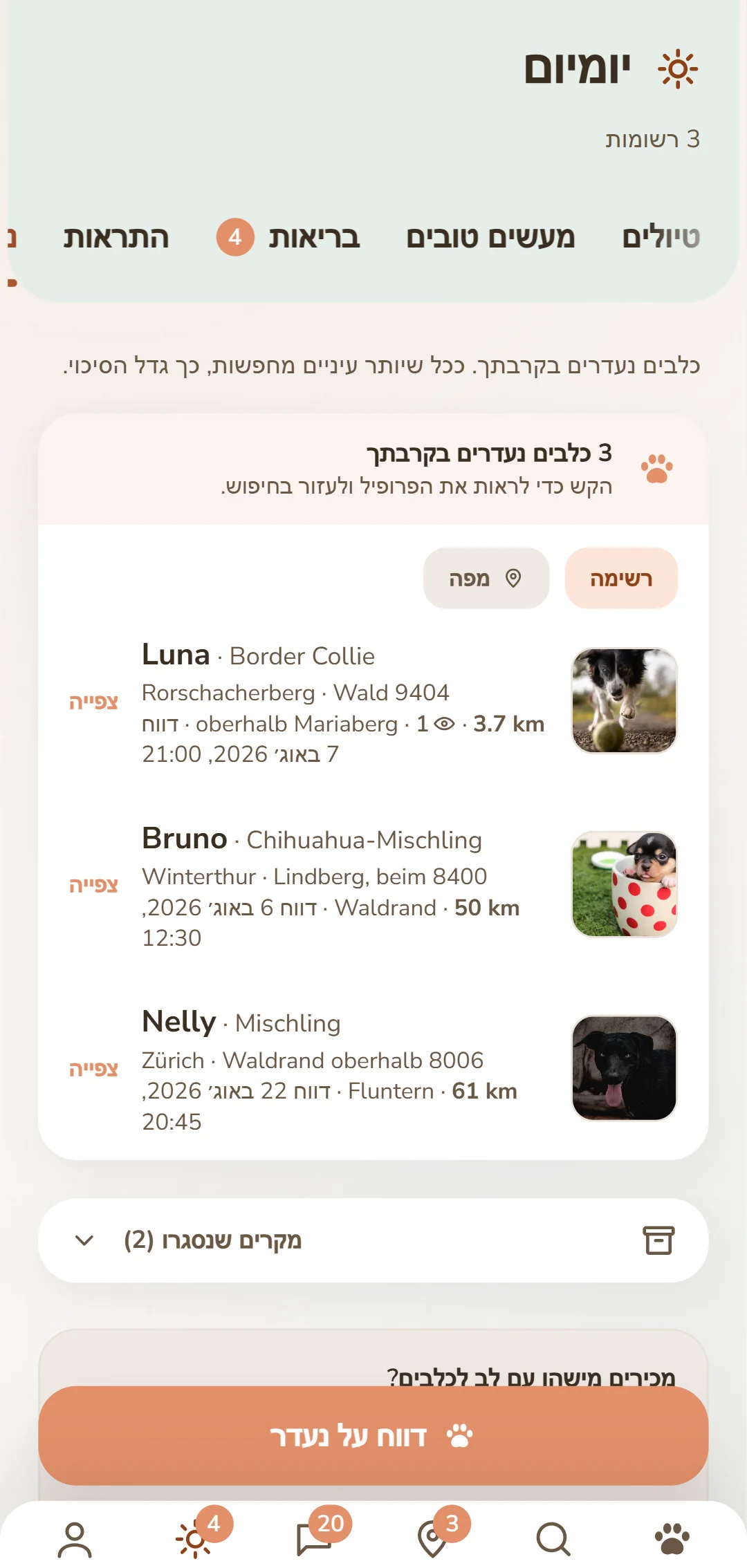 כלבים אבודים בסביבה – עם תמונה, מיקום וזמן