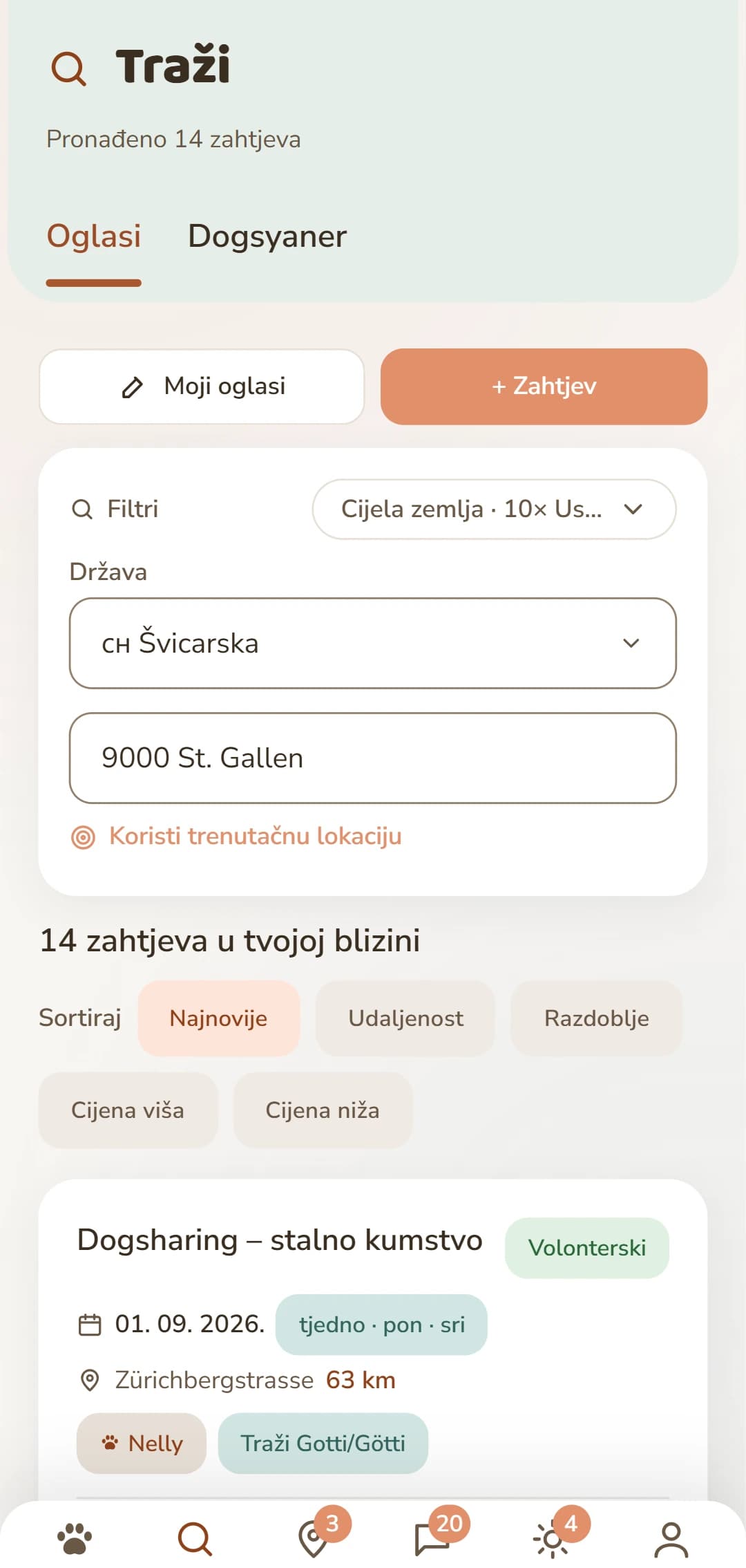 Oglasi za Dogsharing sa smjerom, ritmom i danima u tjednu