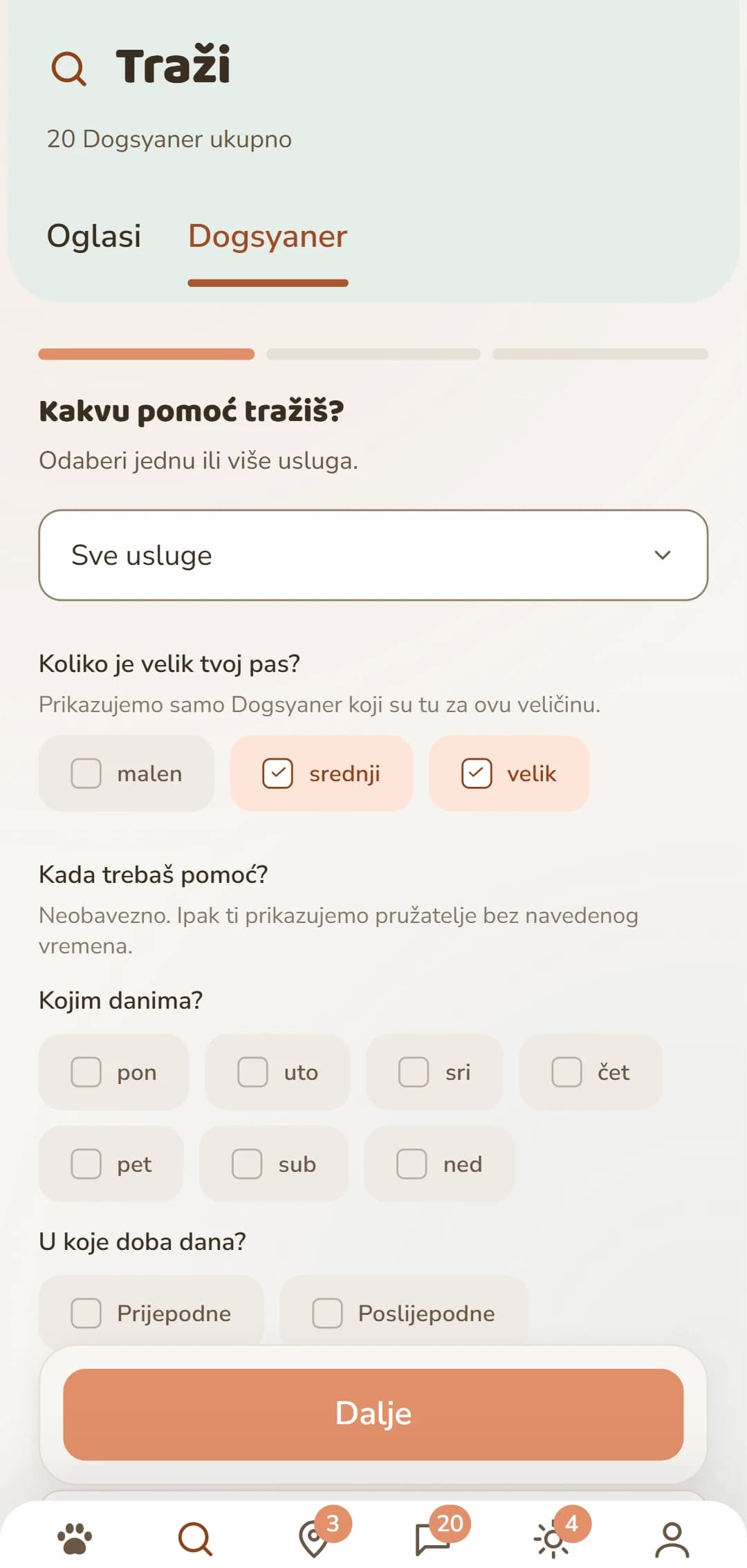 Precizno filtriranje: usluga, veličina psa i drugi kriteriji
