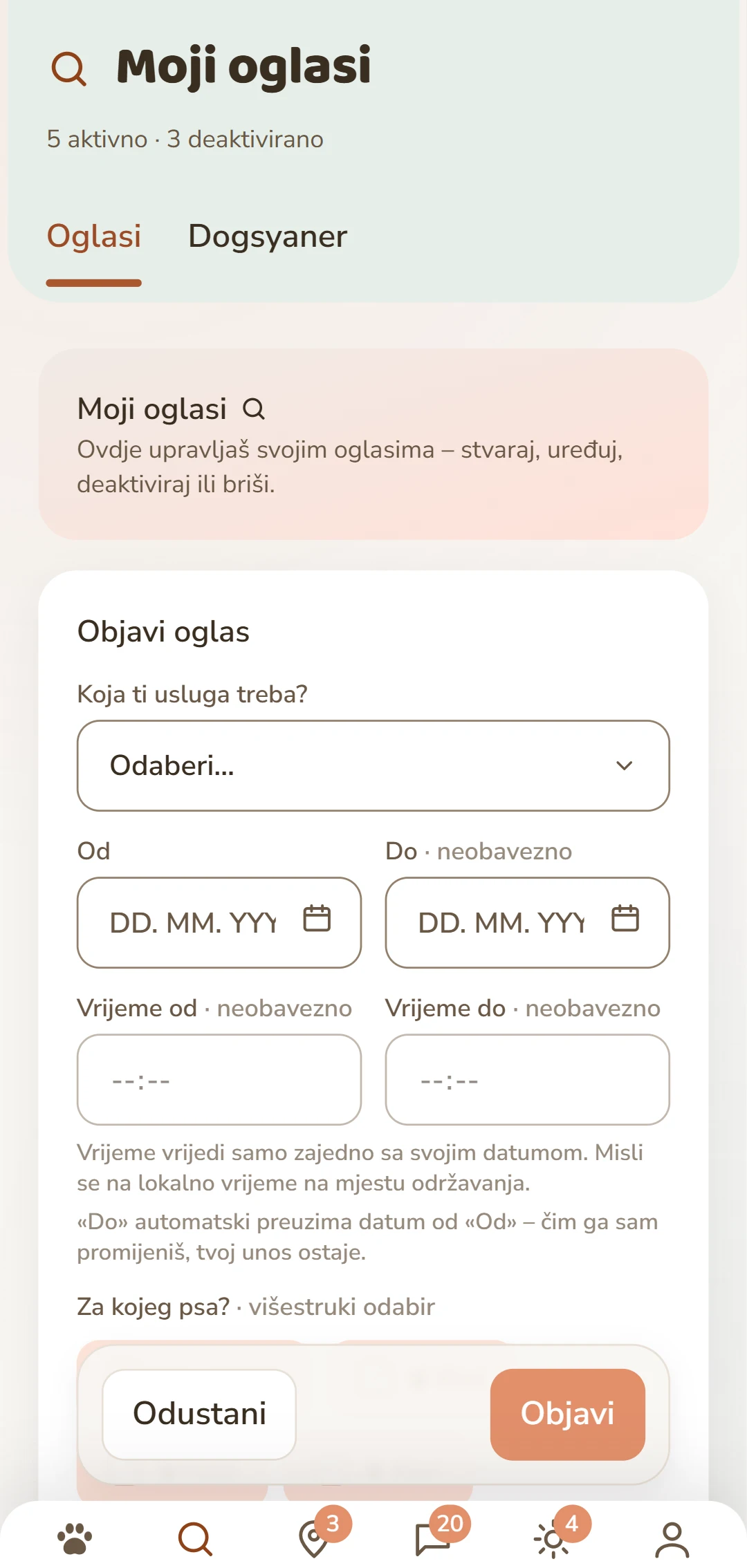 Obrazac «Objavi oglas»: usluga, razdoblje, pas i naknada