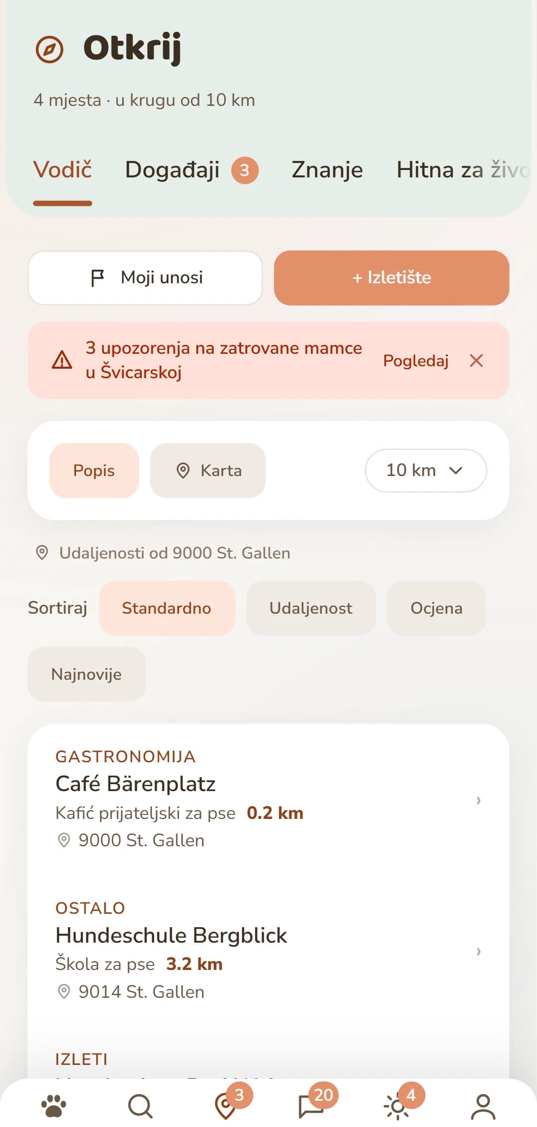 Popis rezultata na kartici Otkrij, s kategorijom i udaljenošću
