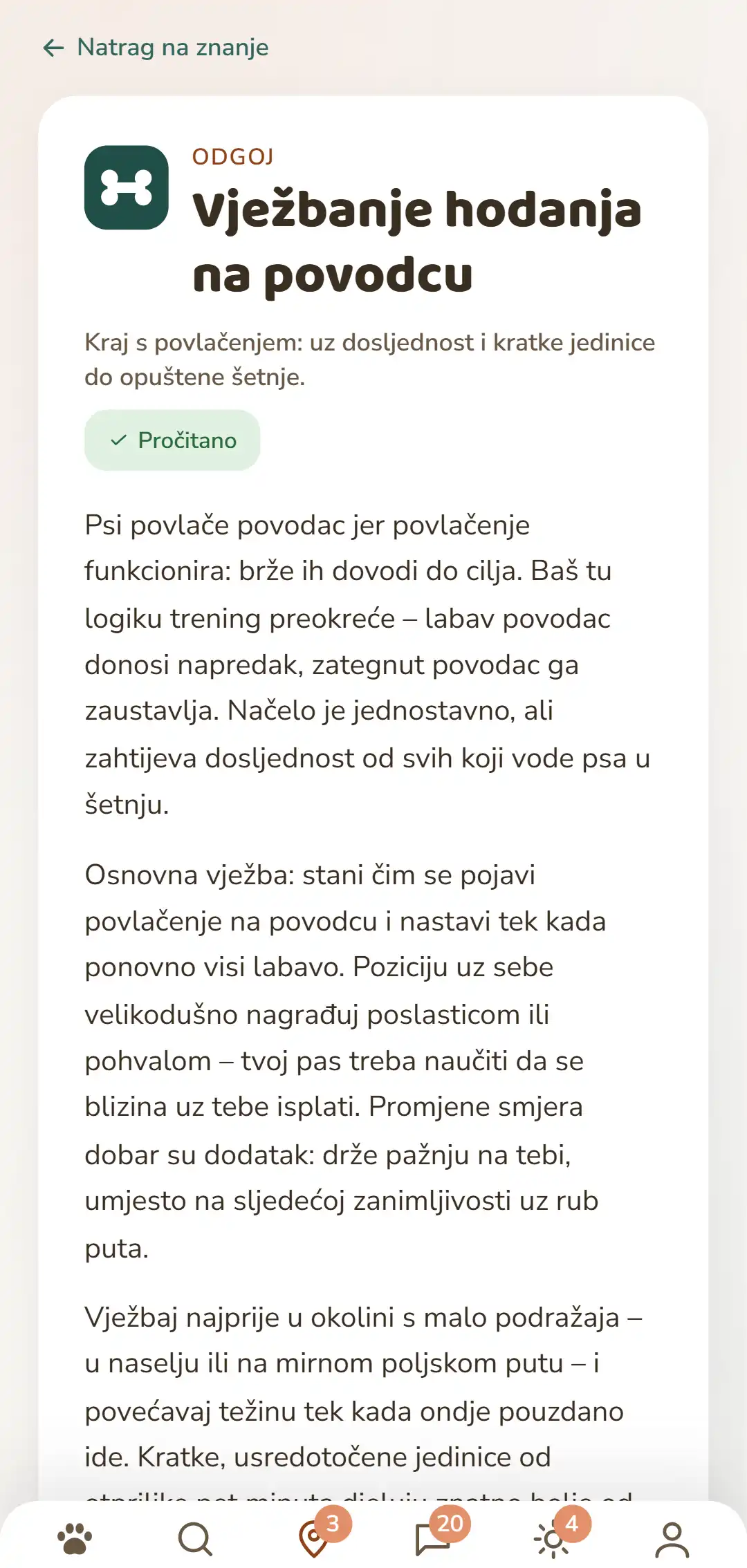 Snimka zaslona aplikacije DOGSY: otvoreni članak iz Znanja. Sasvim gore put natrag na popis, ispod toga četiri kartice Guide, Događaji, Znanje i Hitna pomoć za životinje. Slijede obojeni simbol rubrike, rubrika velikim slovima, naslov, kratak uvod i nekoliko odlomaka teksta. Sasvim dolje navigacijska traka aplikacije. Snimka se prikazuje na jeziku ove stranice.