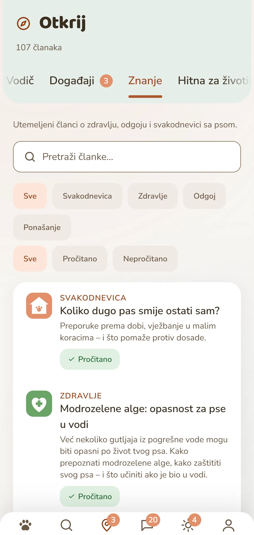 Snimka zaslona aplikacije DOGSY u kartici Otkrij: sasvim gore broj članaka, ispod toga četiri kartice Guide, Događaji, Znanje i Hitna pomoć za životinje. Slijede polje za pretraživanje i zaobljeni filtri za rubrike – Sve, Svakodnevica, Zdravlje, Ponašanje, Odgoj. Ispod toga članci kao pločice: lijevo obojeni simbol rubrike, pored njega rubrika velikim slovima, naslov i kratak uvod. Sasvim dolje navigacijska traka aplikacije. Snimka se prikazuje na jeziku ove stranice.