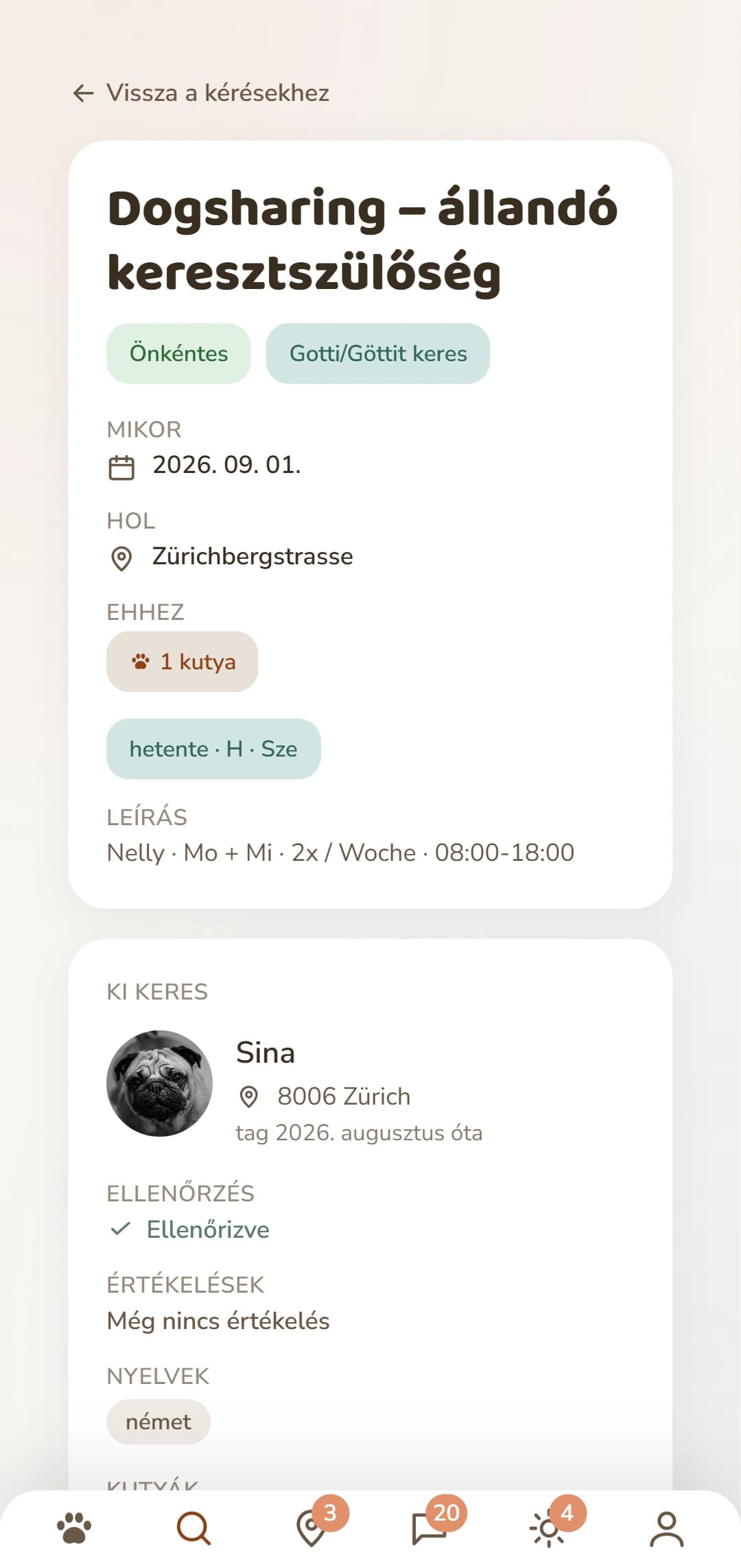 Egy Dogsharing-hirdetés részletesen: időszak, hely és ki áll mögötte