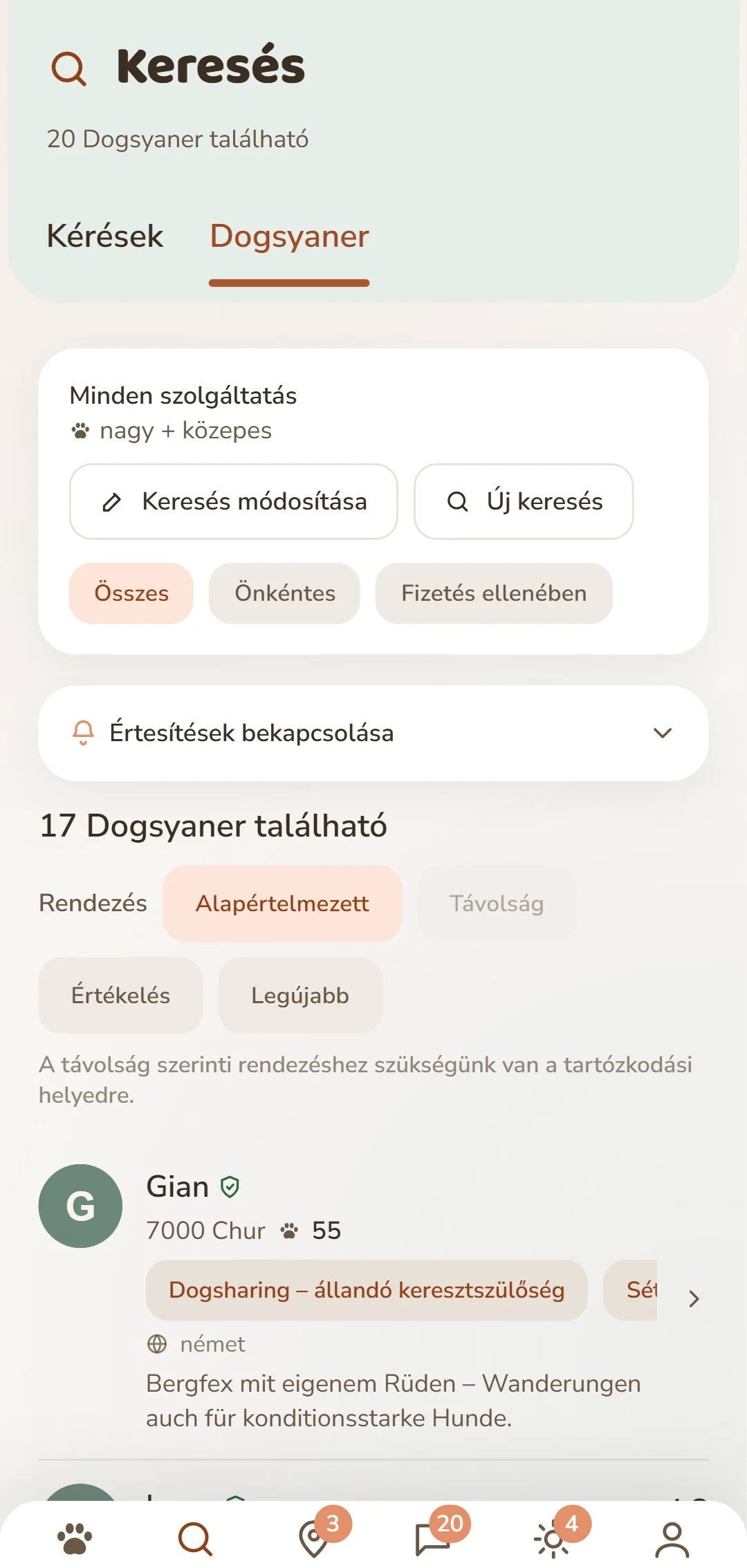 Az app találati listája: közeli Dogsyanerek fotóval, távolsággal és értékeléssel