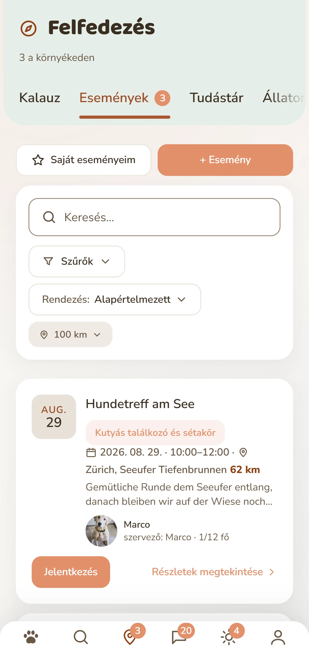 Közelgő kutyás események dátummal, hellyel és távolsággal