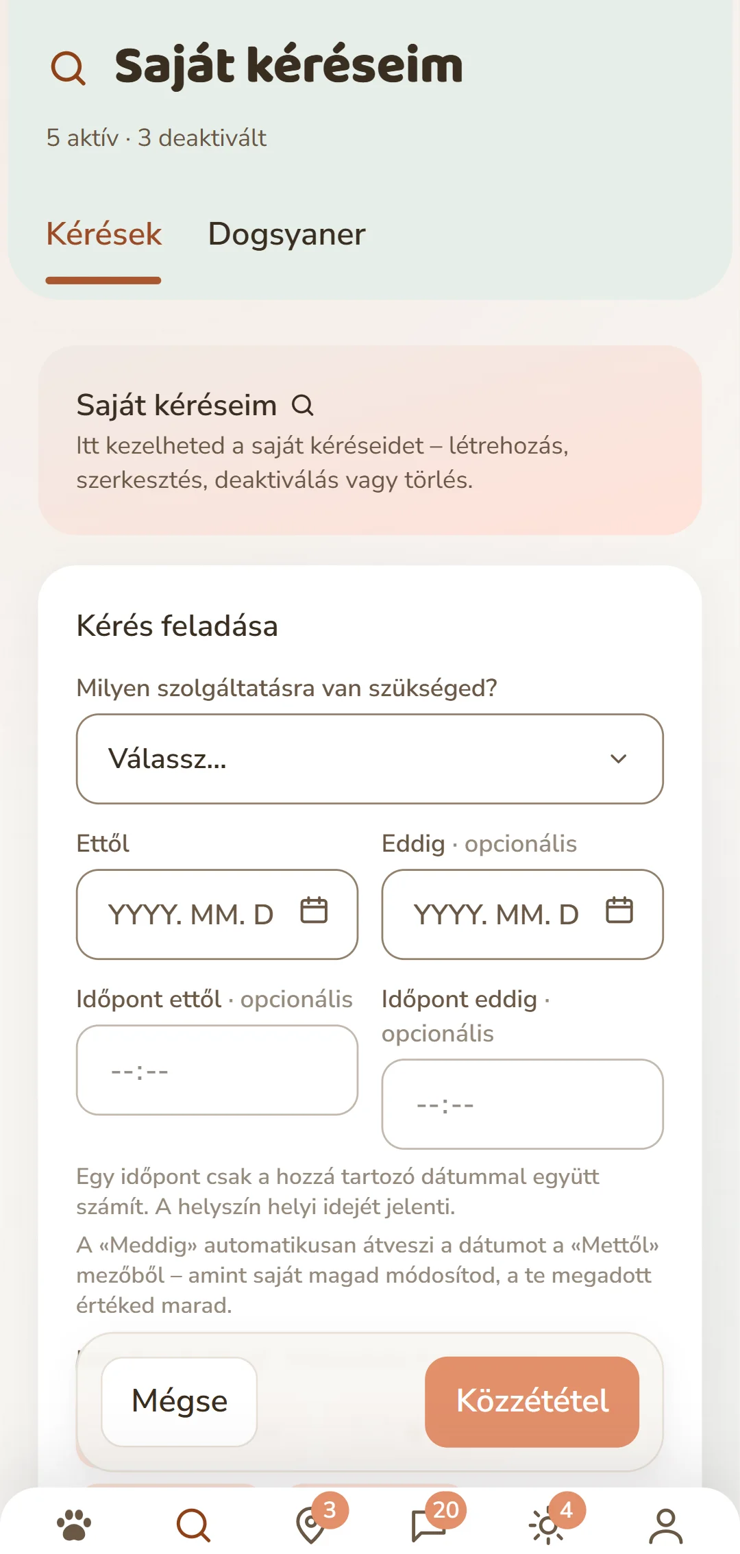 A «Kérés feladása» űrlap: szolgáltatás, időszak, kutya és díjazás