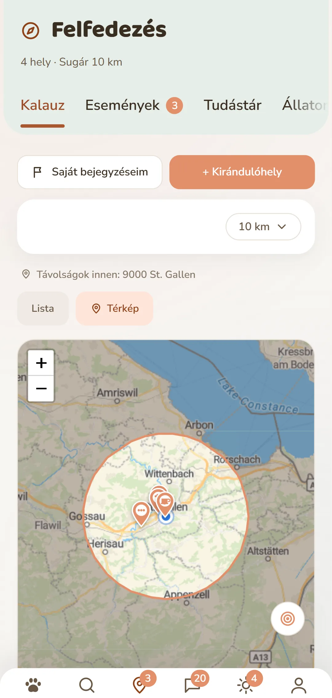 Ugyanezek a találatok tűkként a térképen, a választott sugáron belül