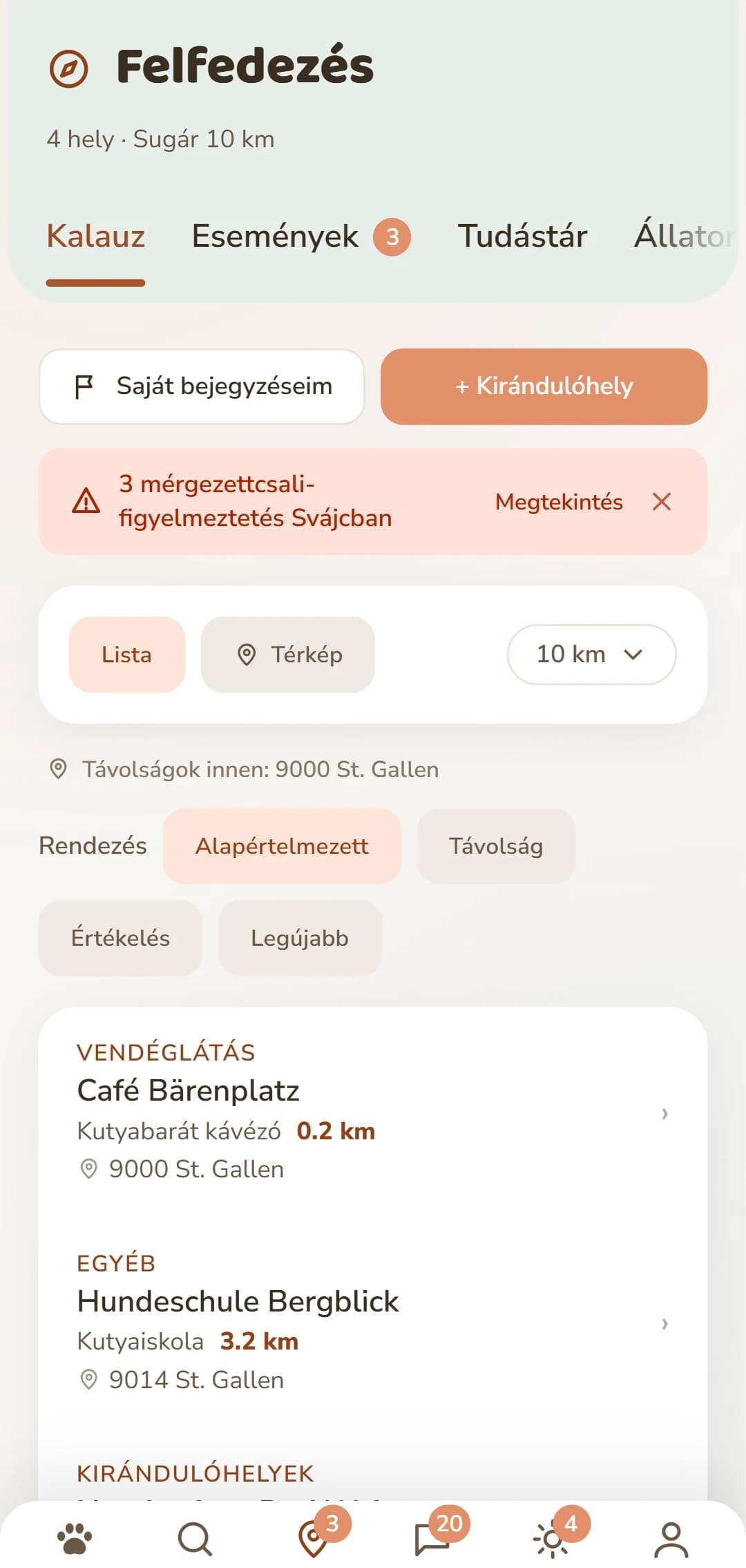 A találati lista a Felfedezés fülön, kategóriával és távolsággal