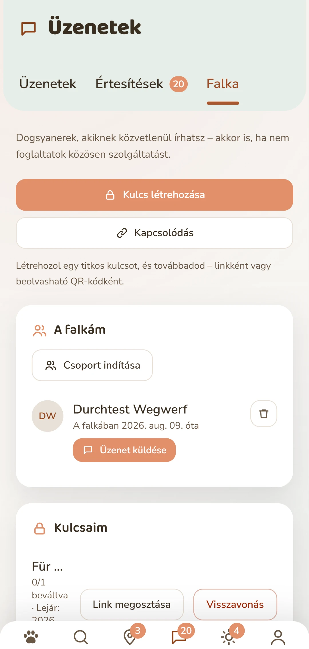 A Rudel fül: kulcs létrehozása és kapcsolataid kezelése.