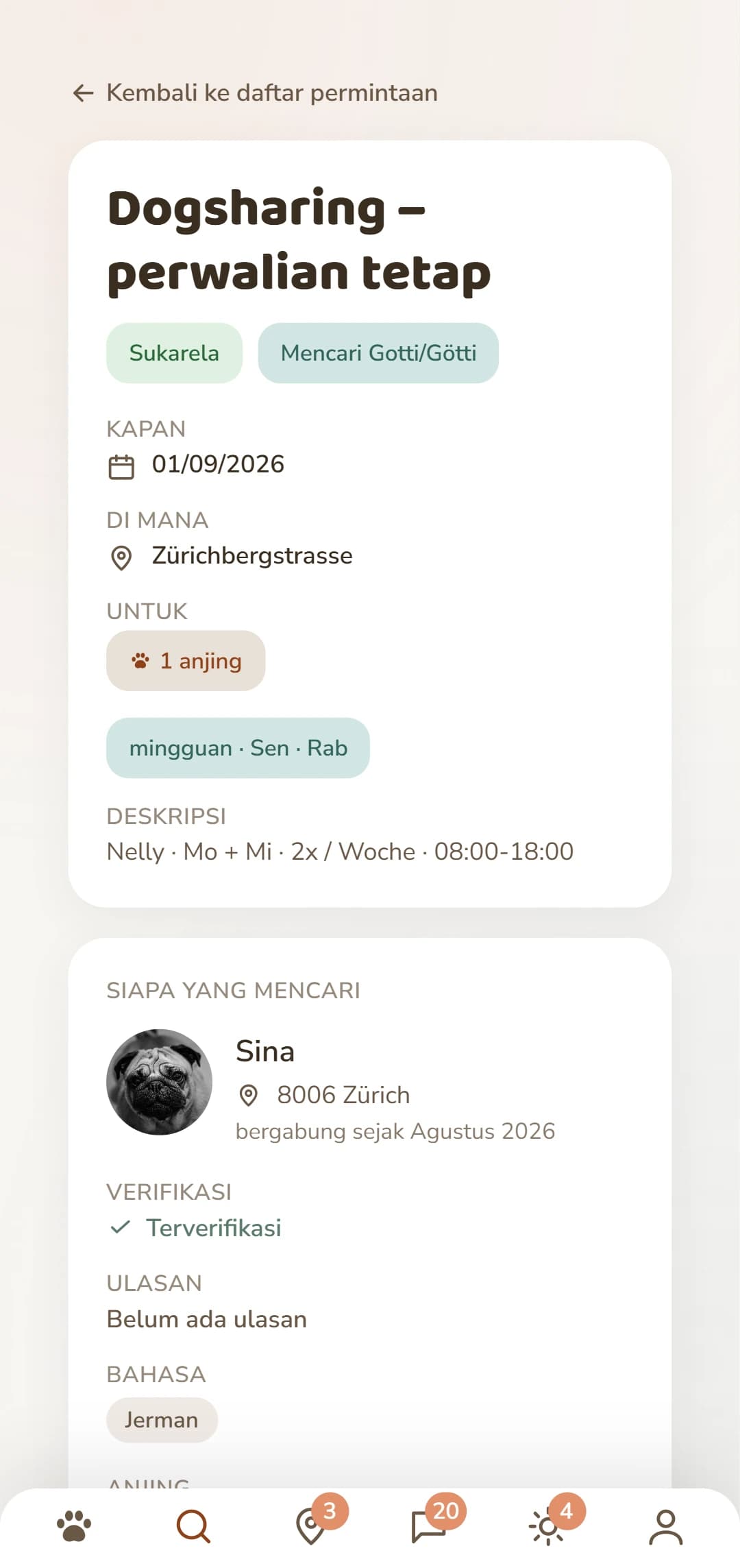 Detail satu permintaan Dogsharing: periode, lokasi, dan siapa di baliknya