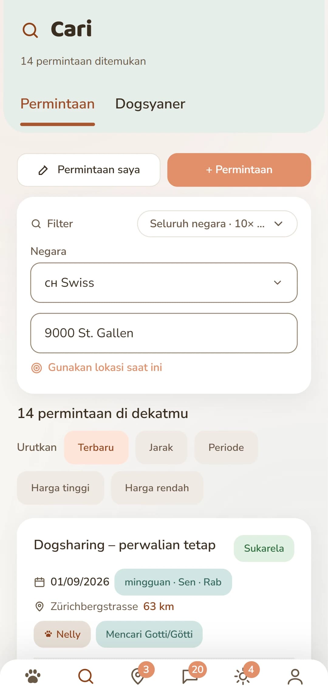 Permintaan Dogsharing dengan arah, ritme, dan hari dalam seminggu
