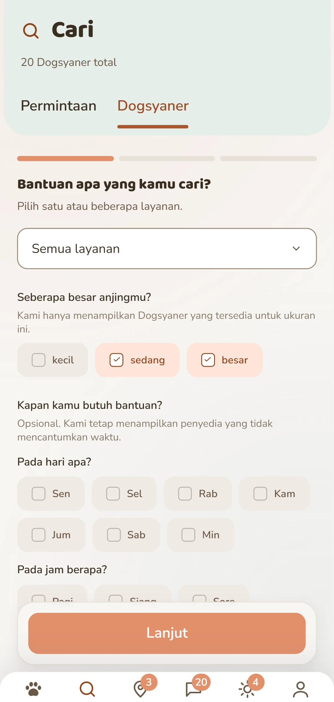 Filter detail: layanan, ukuran anjing, dan kriteria lainnya