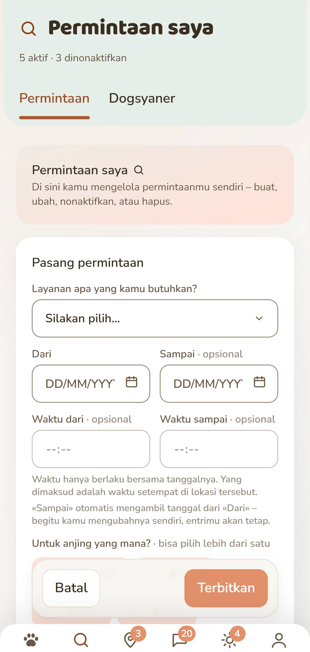 Formulir «Pasang permintaan»: layanan, periode waktu, anjing, dan imbalan