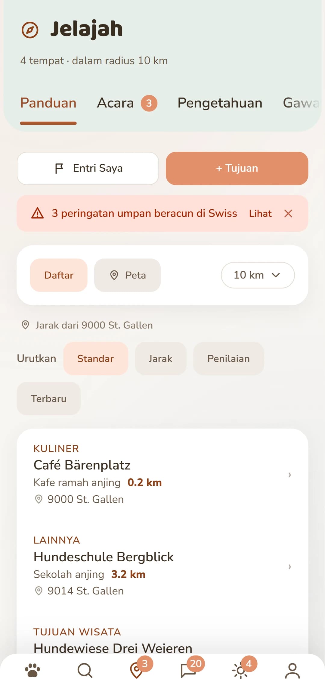 Daftar hasil di tab Jelajahi, dengan kategori dan jarak